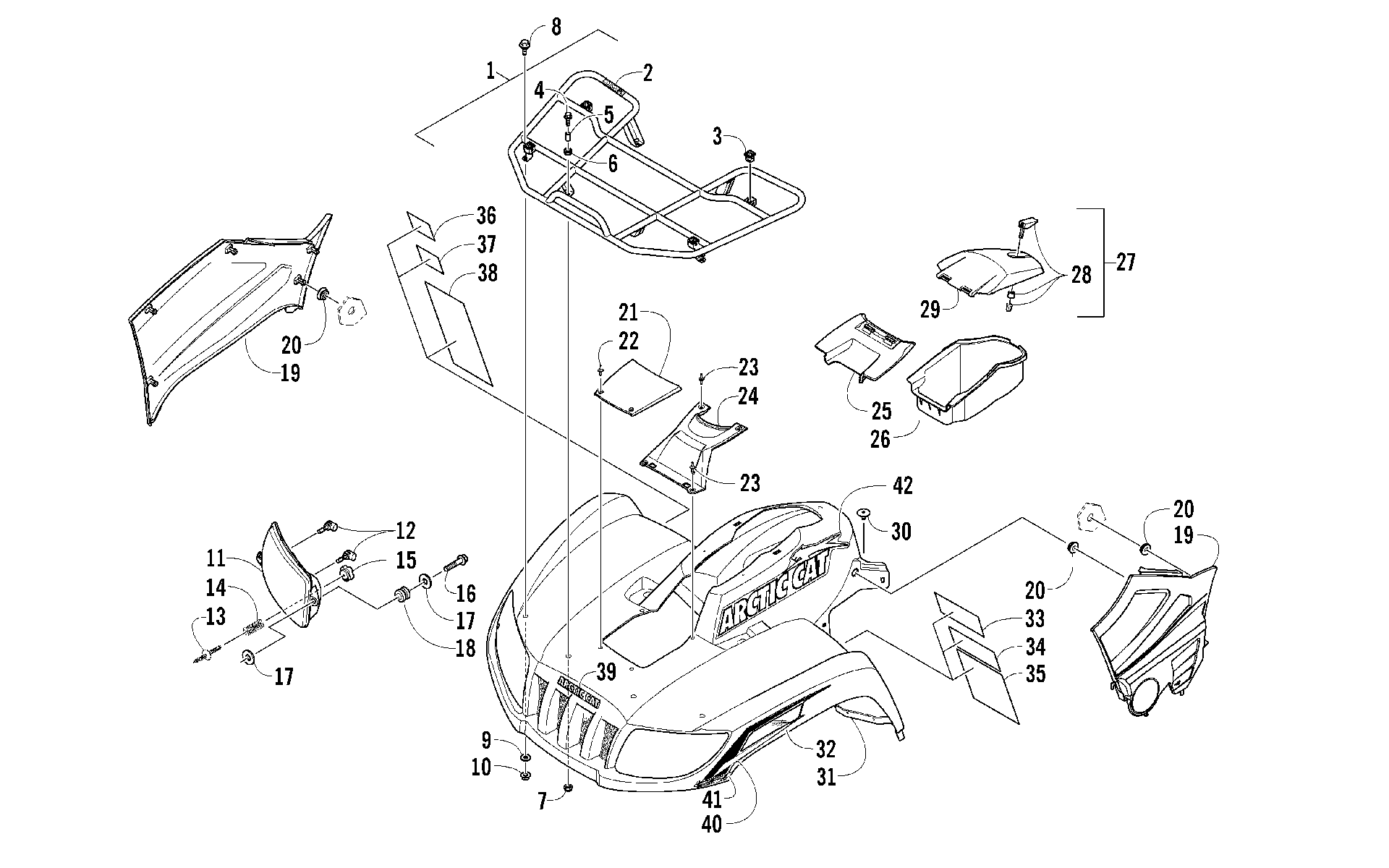 Передняя часть RACK, BODY PANEL, AND HEADLIGHT ASSEMBLIES [98093]