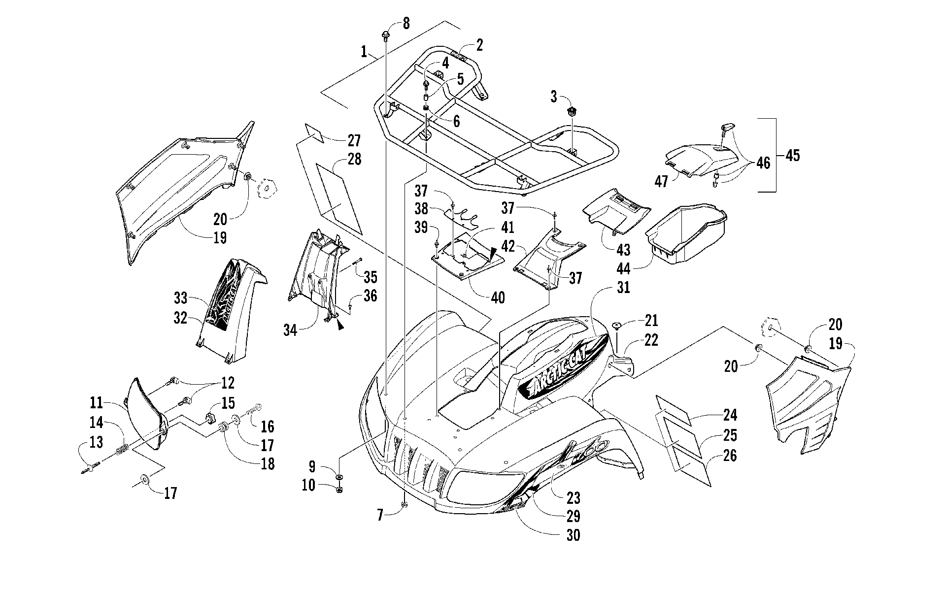 Передняя часть RACK, BODY PANEL, AND HEADLIGHT ASSEMBLIES [97635]