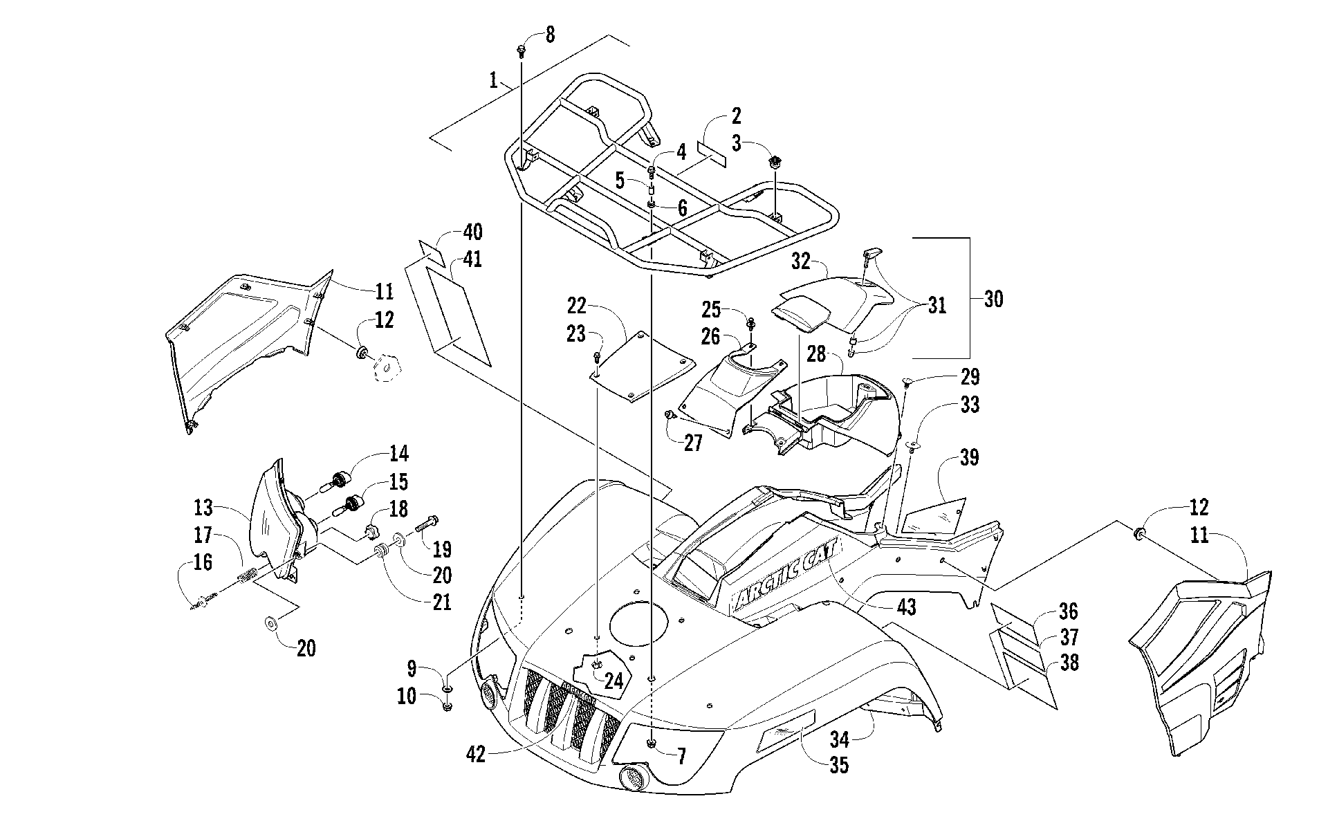 Передняя часть RACK, BODY PANEL, AND HEADLIGHT ASSEMBLIES [94966]