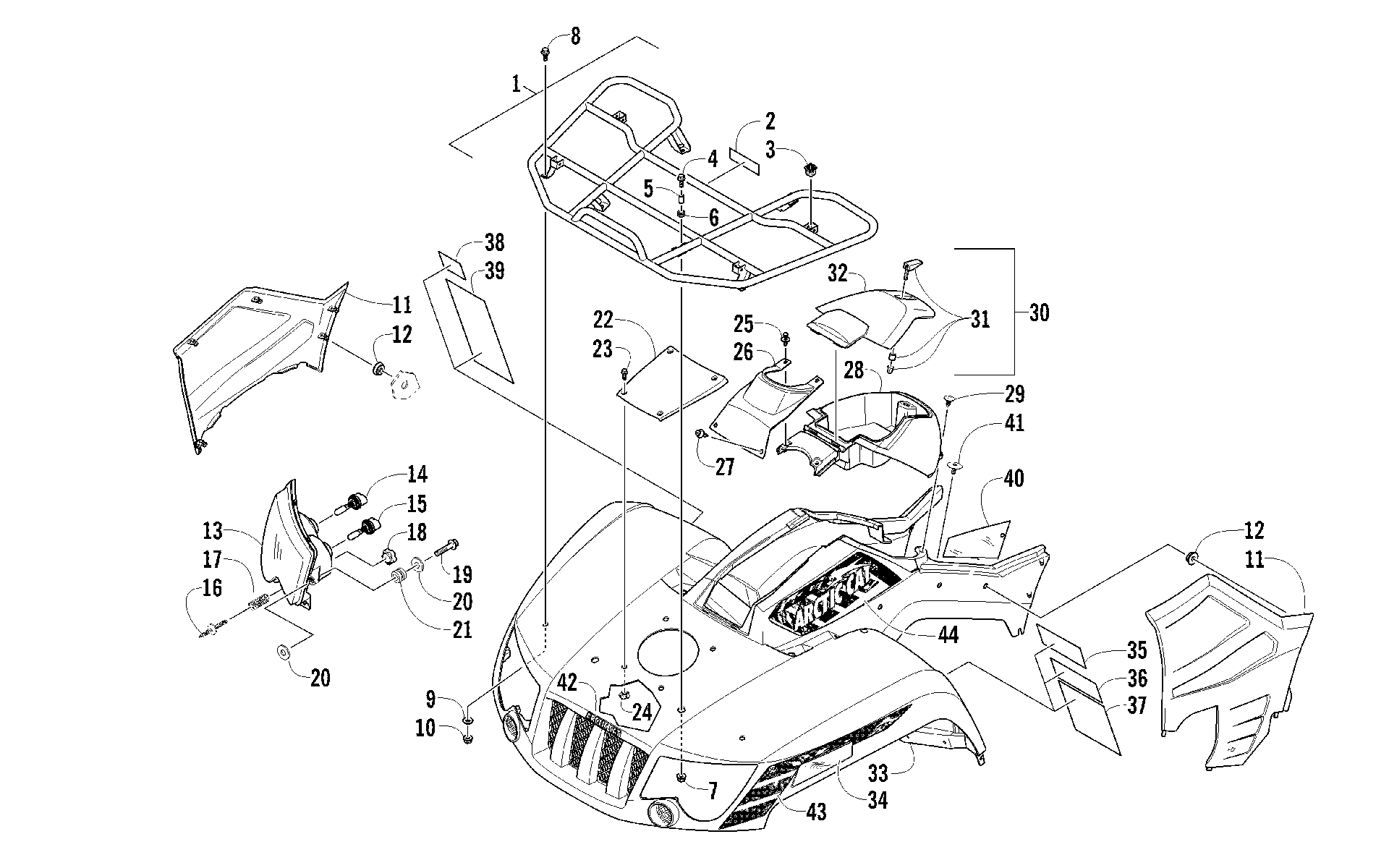 Передняя часть RACK, BODY PANEL, AND HEADLIGHT ASSEMBLIES [94477]