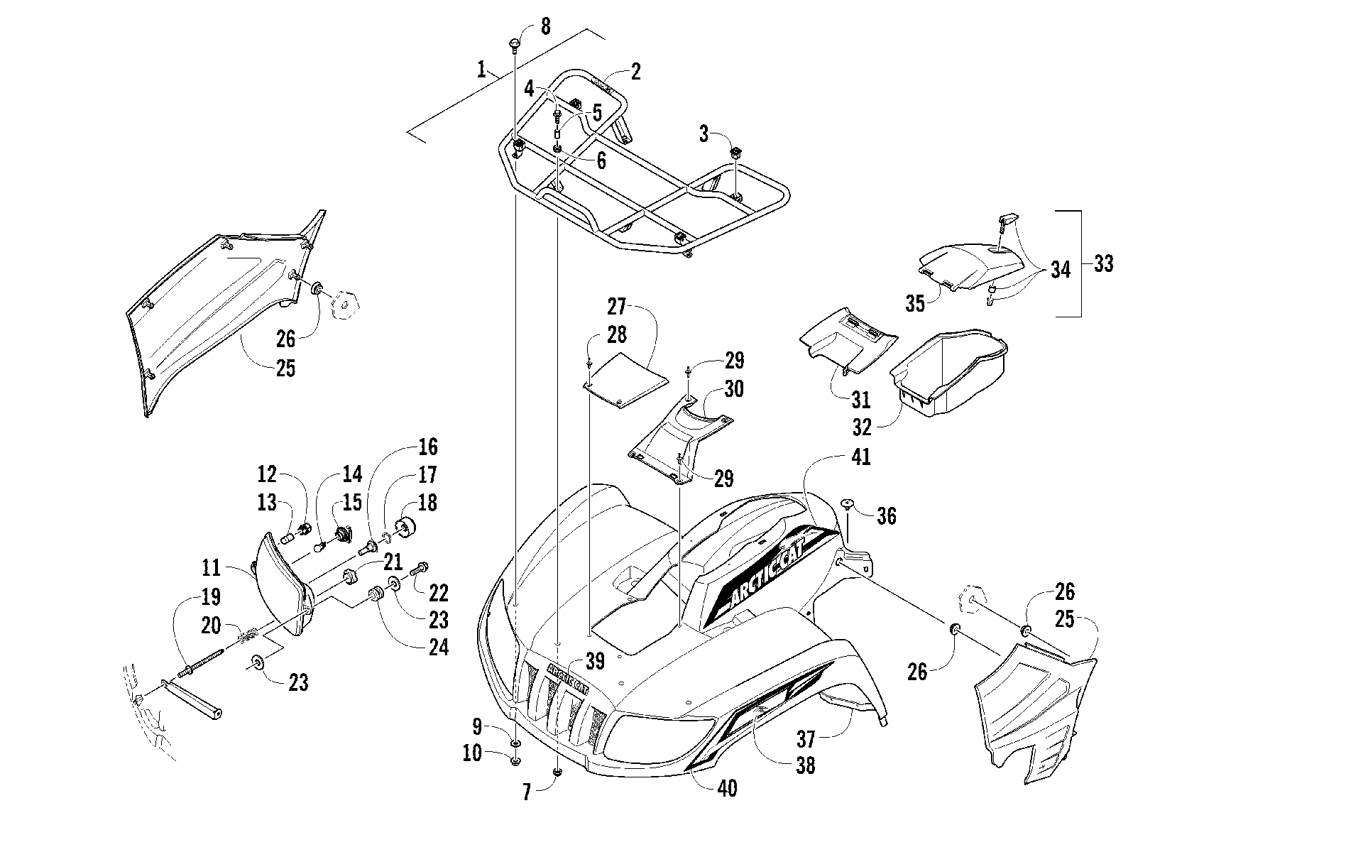 Передняя часть RACK, BODY PANEL, AND HEADLIGHT ASSEMBLIES [95909]
