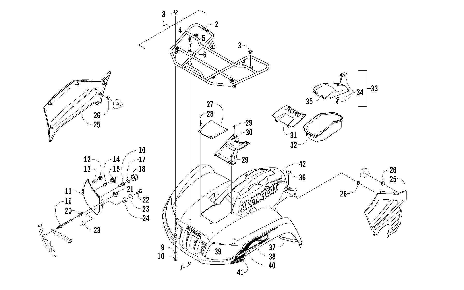 Передняя часть RACK, BODY PANEL, AND HEADLIGHT ASSEMBLIES [96940]