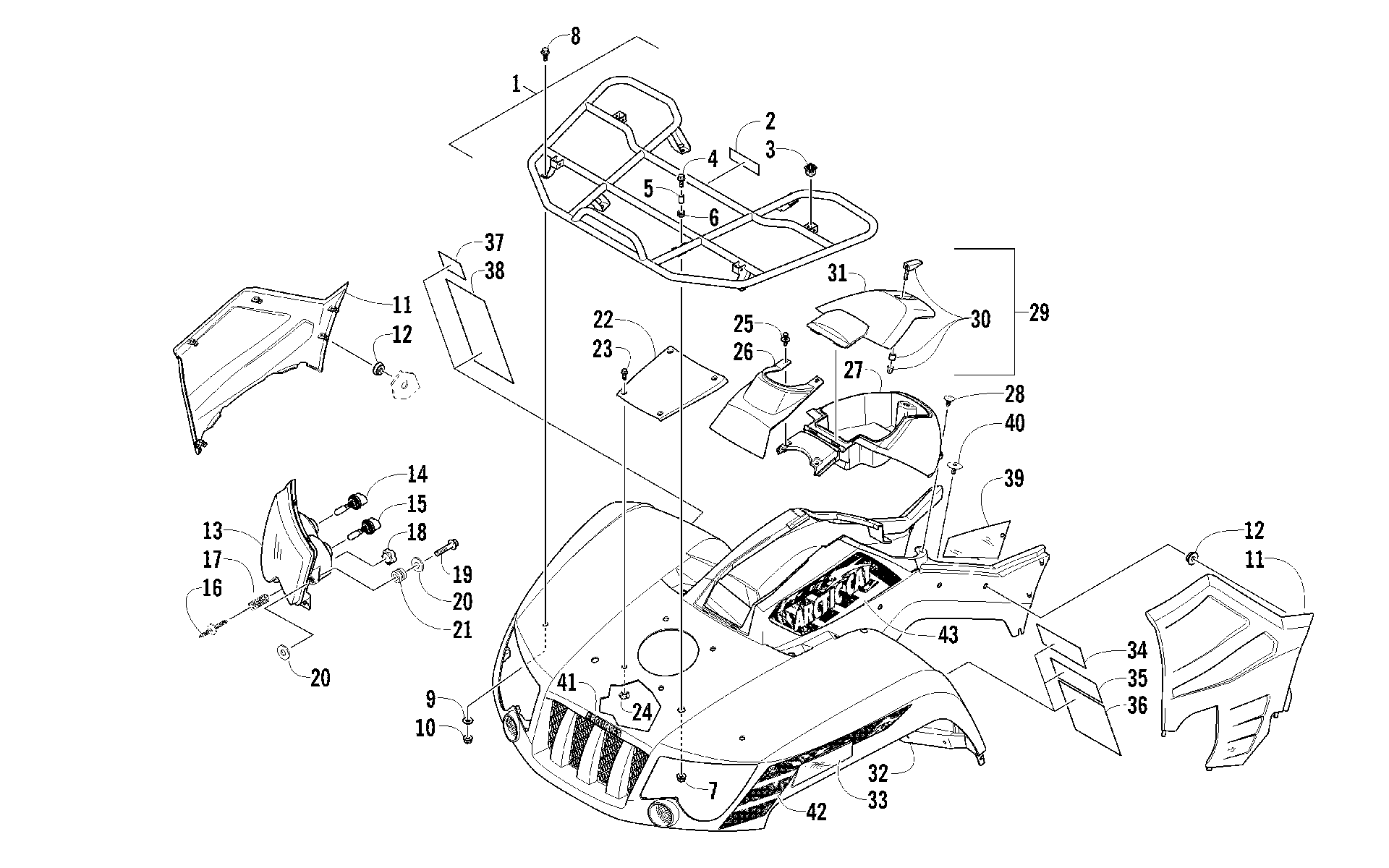 Передняя часть RACK, BODY PANEL, AND HEADLIGHT ASSEMBLIES [94511]