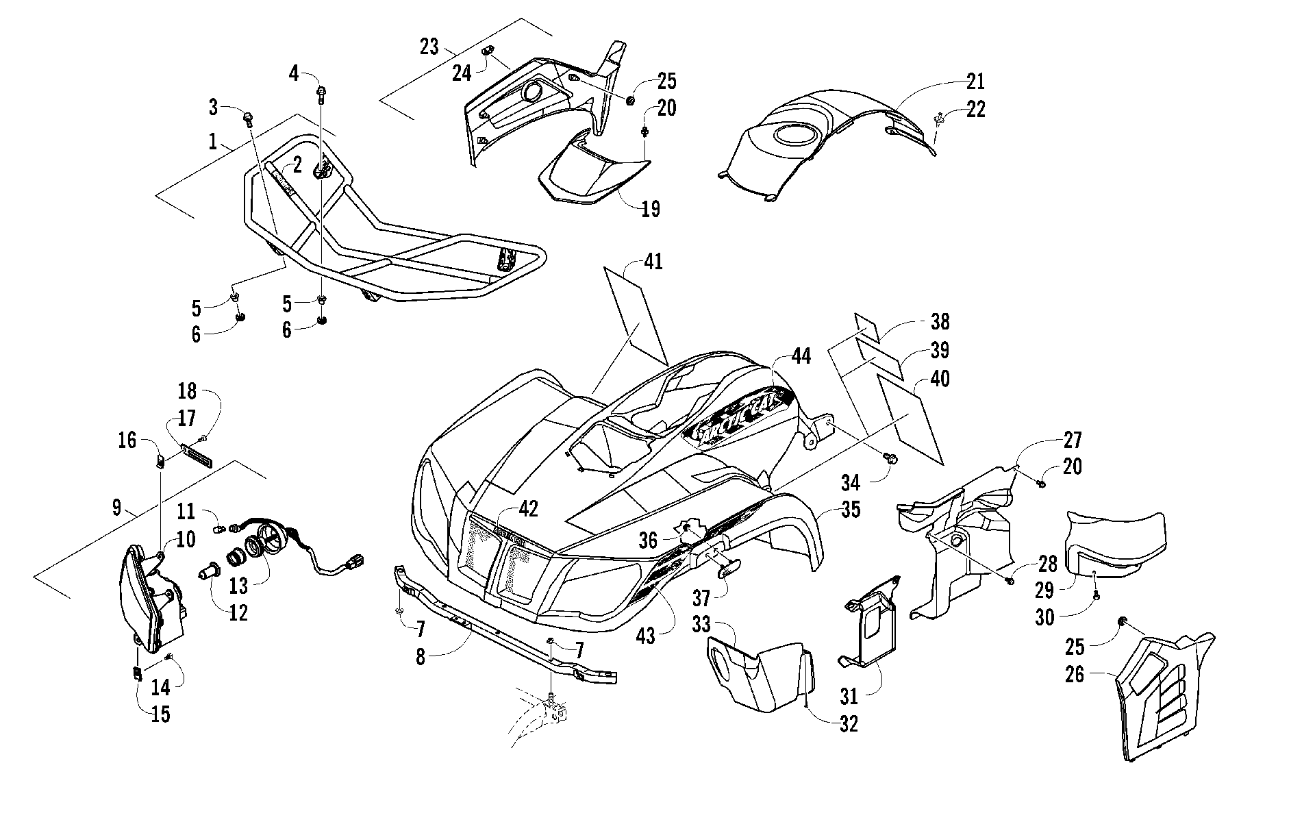 Передняя часть RACK, BODY PANEL, AND HEADLIGHT ASSEMBLIES [96393]