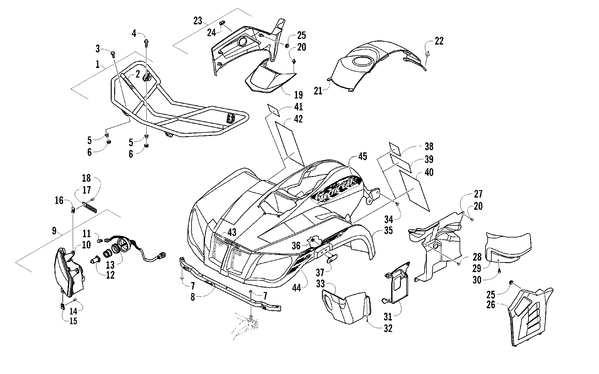 Передняя часть RACK, BODY PANEL, AND HEADLIGHT ASSEMBLIES [95064]