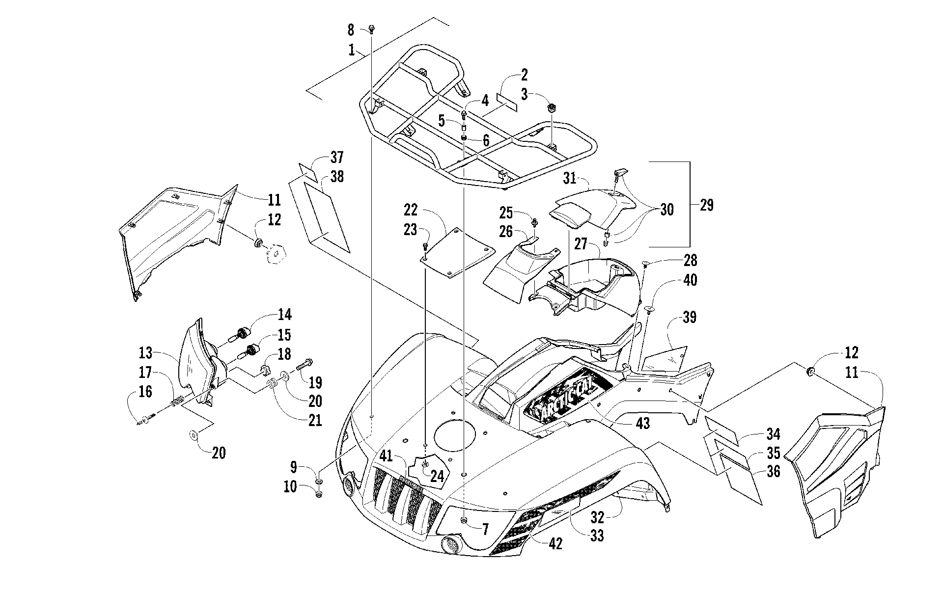 Передняя часть RACK, BODY PANEL, AND HEADLIGHT ASSEMBLIES [94962]