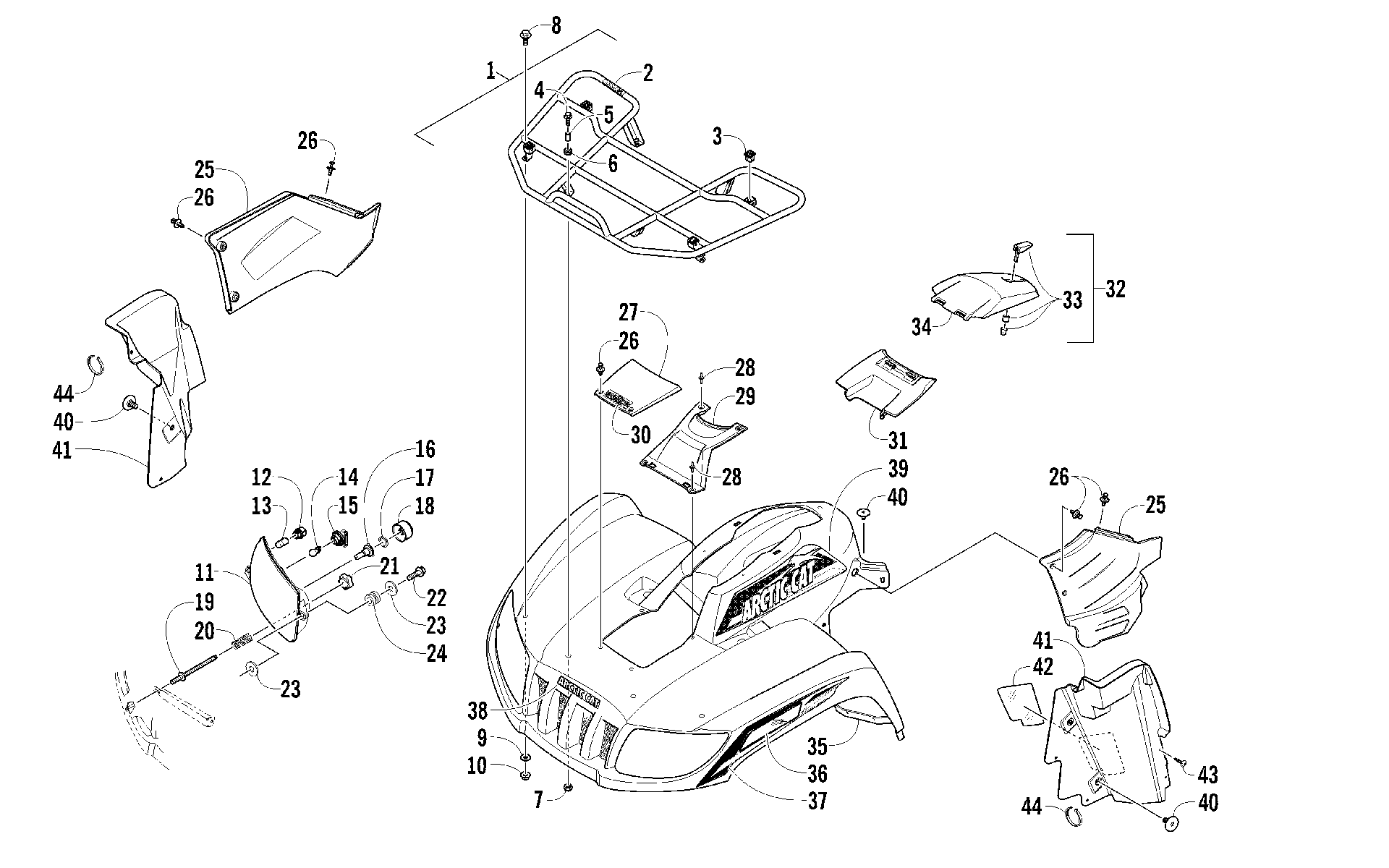 Передняя часть RACK, BODY PANEL, AND HEADLIGHT ASSEMBLIES [95992]
