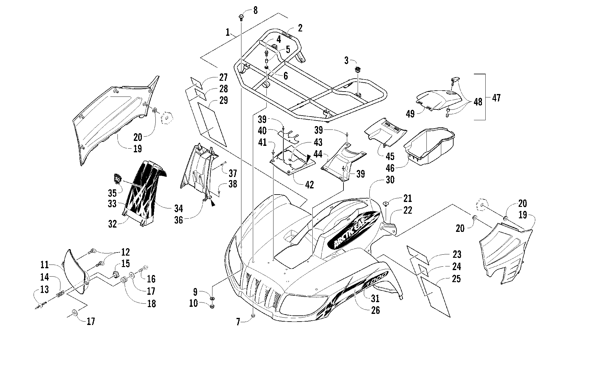 Передняя часть RACK, BODY PANEL, AND HEADLIGHT ASSEMBLIES [95767]