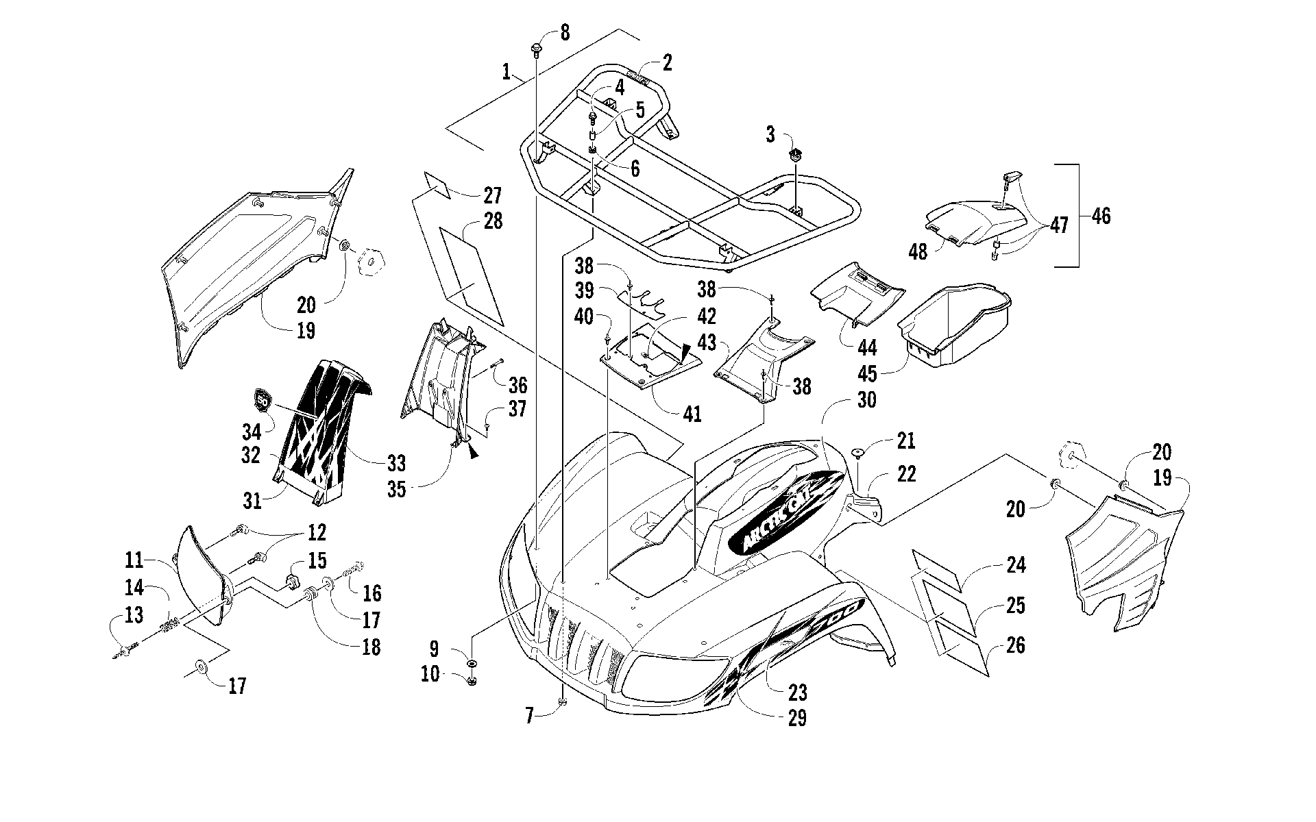 Передняя часть RACK, BODY PANEL, AND HEADLIGHT ASSEMBLIES [94565]