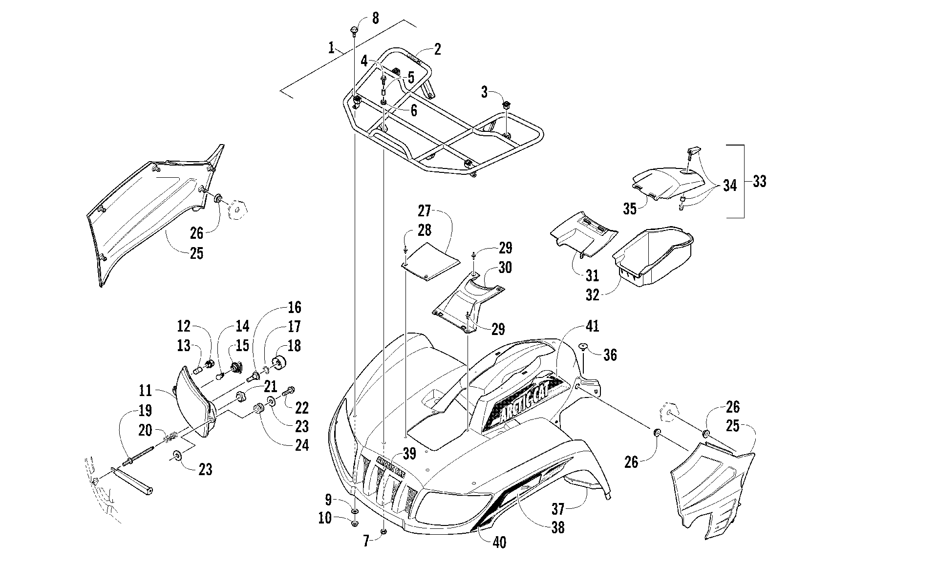 Передняя часть RACK, BODY PANEL, AND HEADLIGHT ASSEMBLIES [95892]