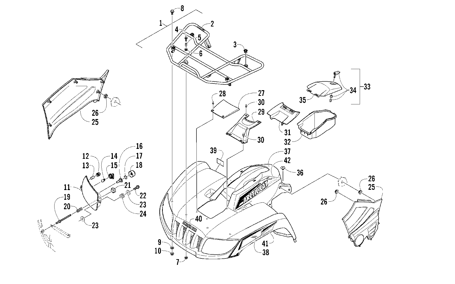 Передняя часть RACK, BODY PANEL, AND HEADLIGHT ASSEMBLIES [95978]