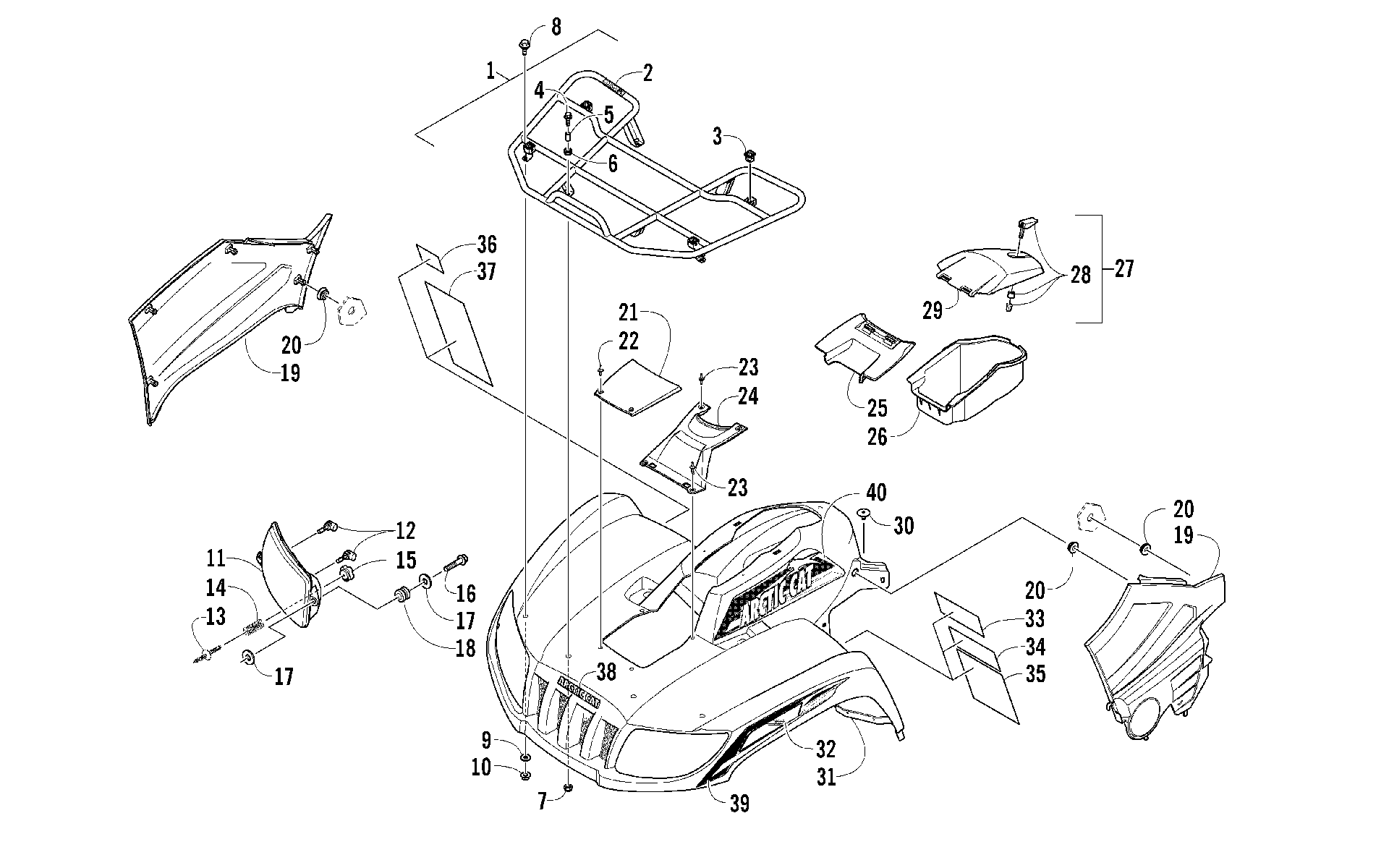 Передняя часть RACK, BODY PANEL, AND HEADLIGHT ASSEMBLIES [96299]