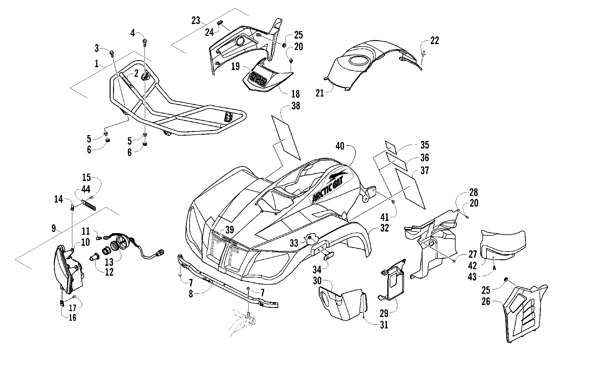 Передняя часть RACK, BODY PANEL, AND HEADLIGHT ASSEMBLIES [96040]