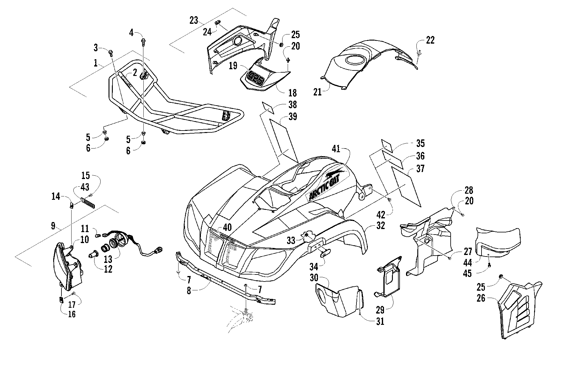 Передняя часть RACK, BODY PANEL, AND HEADLIGHT ASSEMBLIES [94330]