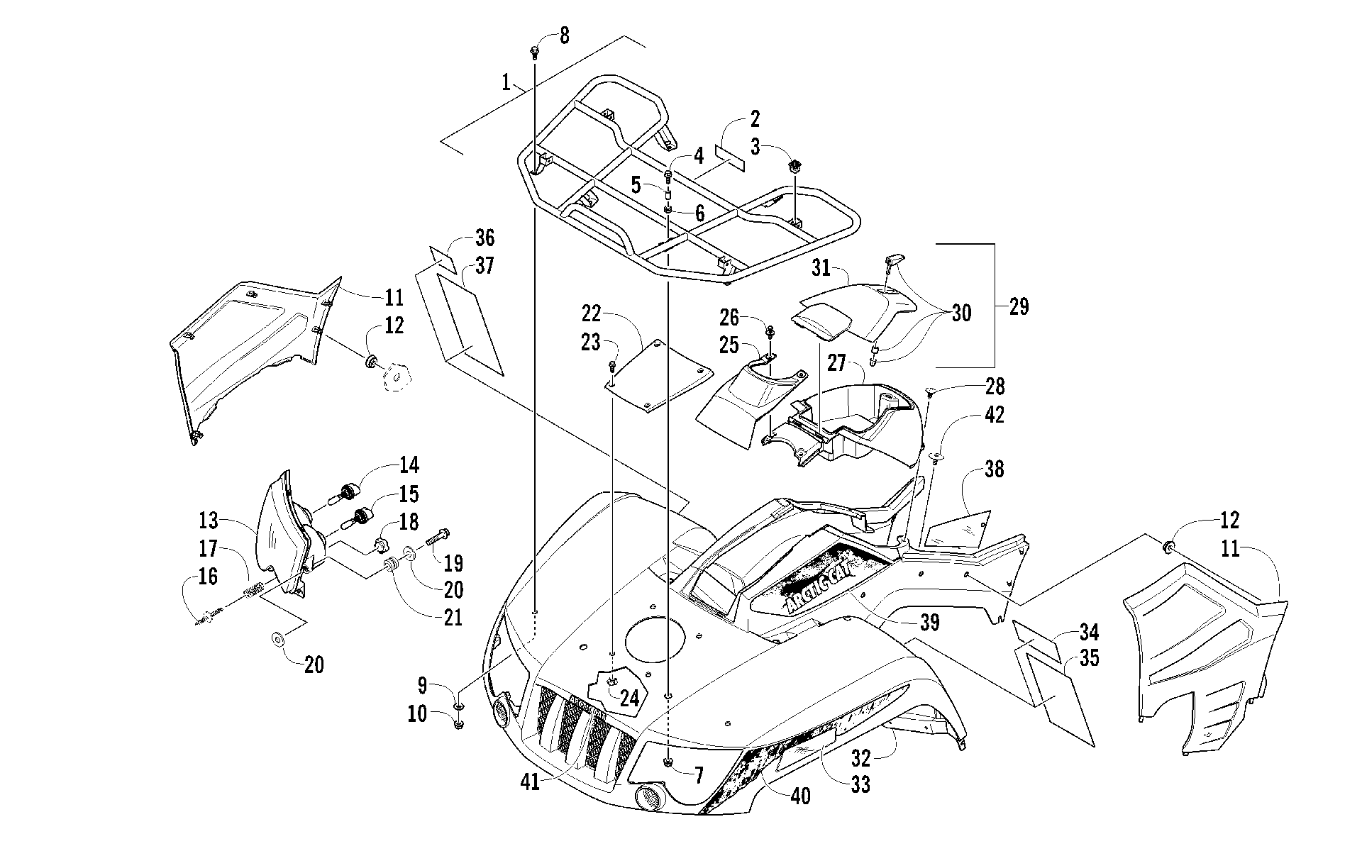 Передняя часть RACK, BODY PANEL, AND HEADLIGHT ASSEMBLIES [93172]