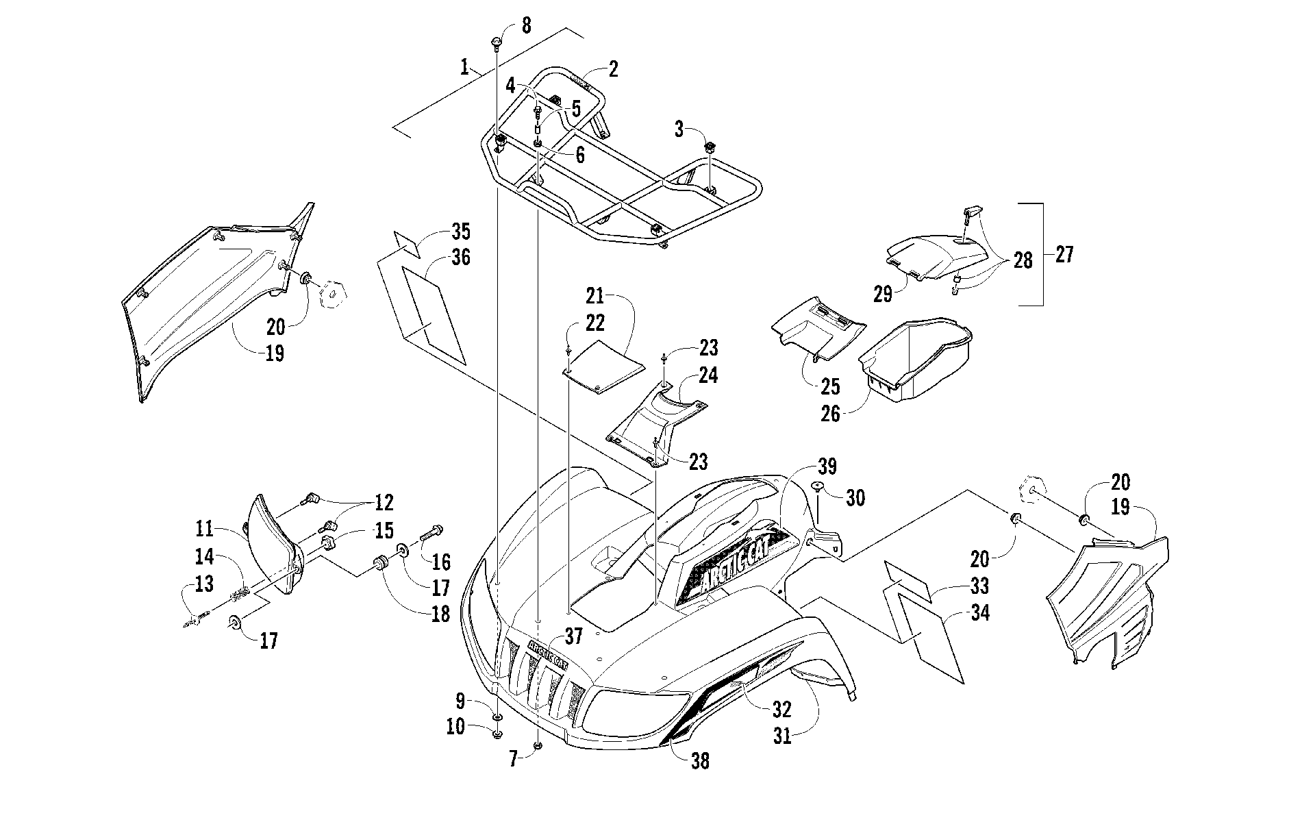 Передняя часть RACK, BODY PANEL, AND HEADLIGHT ASSEMBLIES [94646]