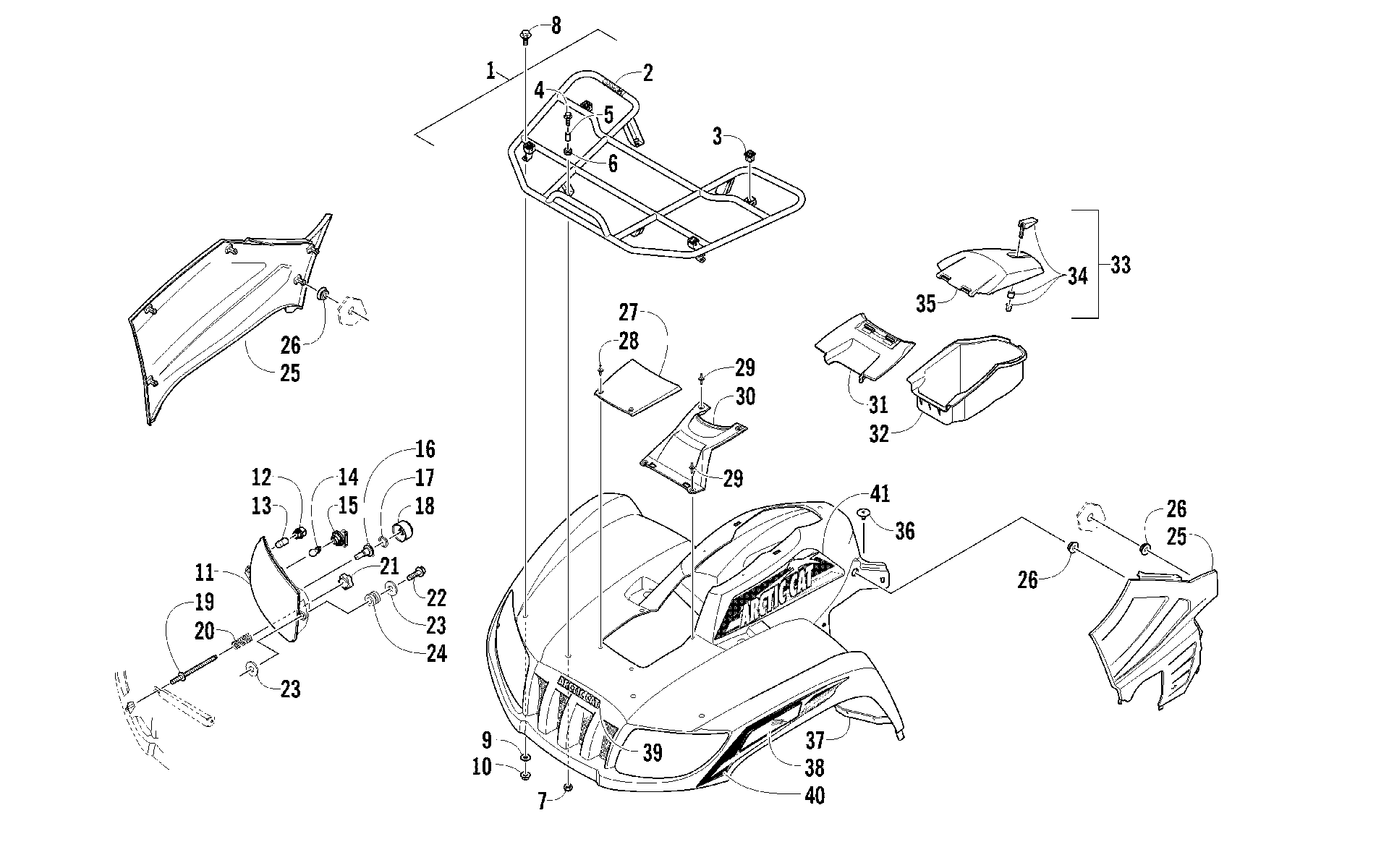 Передняя часть RACK, BODY PANEL, AND HEADLIGHT ASSEMBLIES [95970]