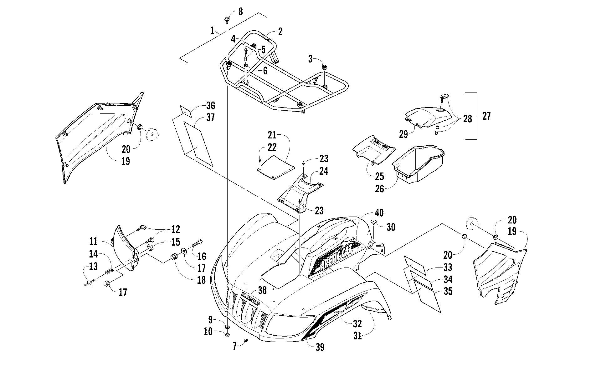 Передняя часть RACK, BODY PANEL, AND HEADLIGHT ASSEMBLIES [95091]