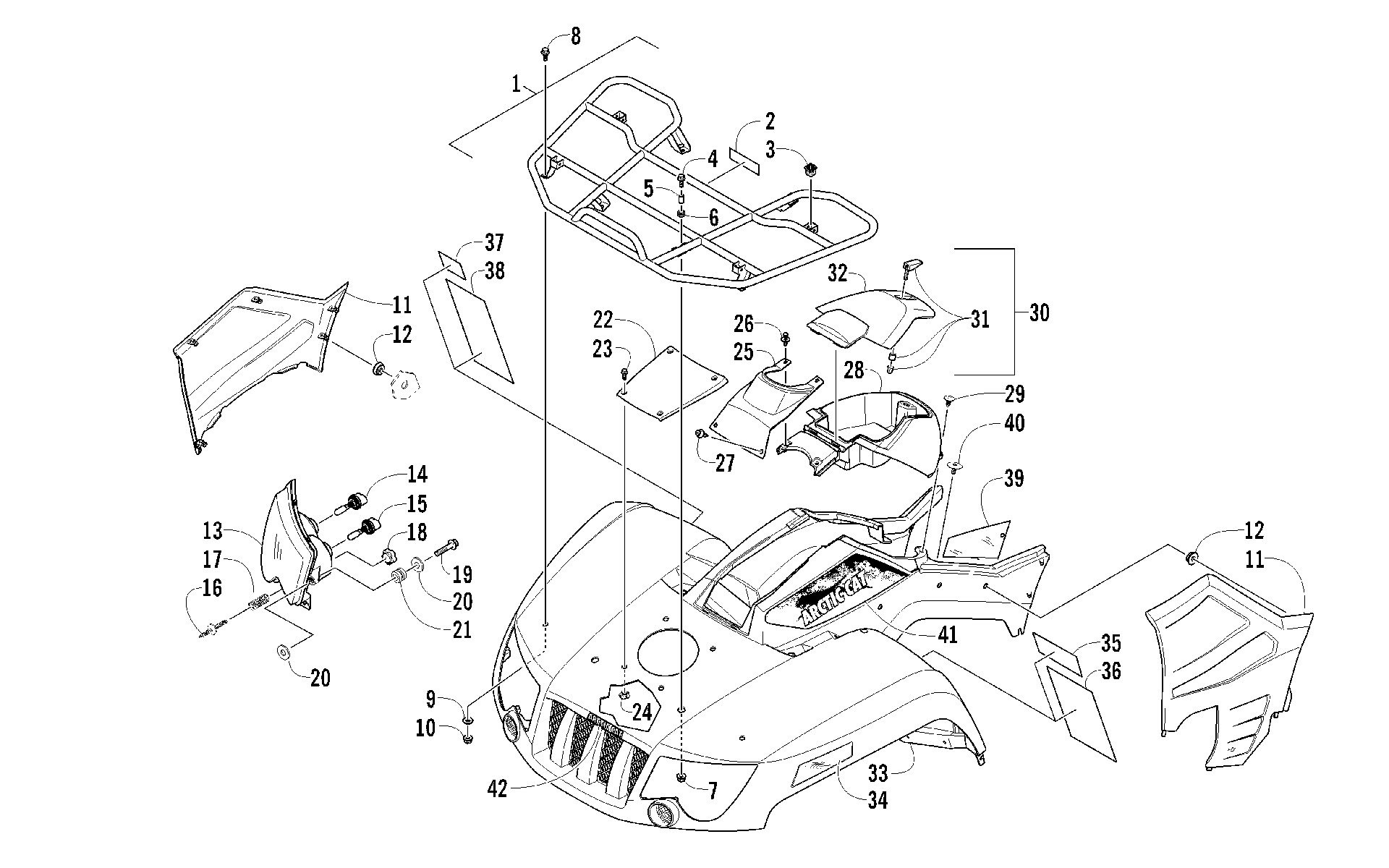 Передняя часть RACK, BODY PANEL, AND HEADLIGHT ASSEMBLIES [93175]
