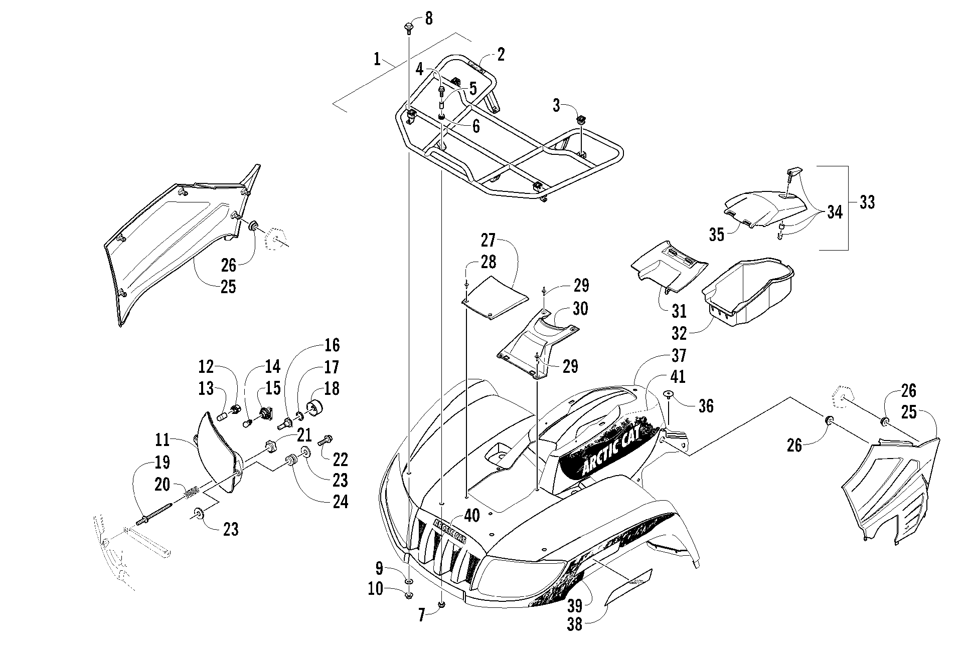 Передняя часть RACK, BODY PANEL, AND HEADLIGHT ASSEMBLIES [96105]