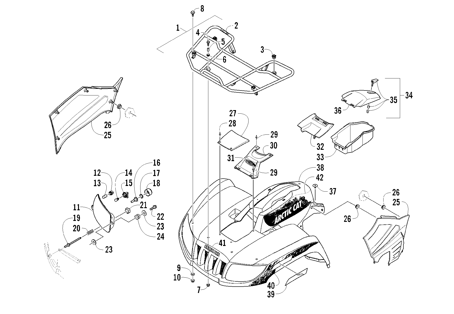 Передняя часть RACK, BODY PANEL, AND HEADLIGHT ASSEMBLIES [96116]