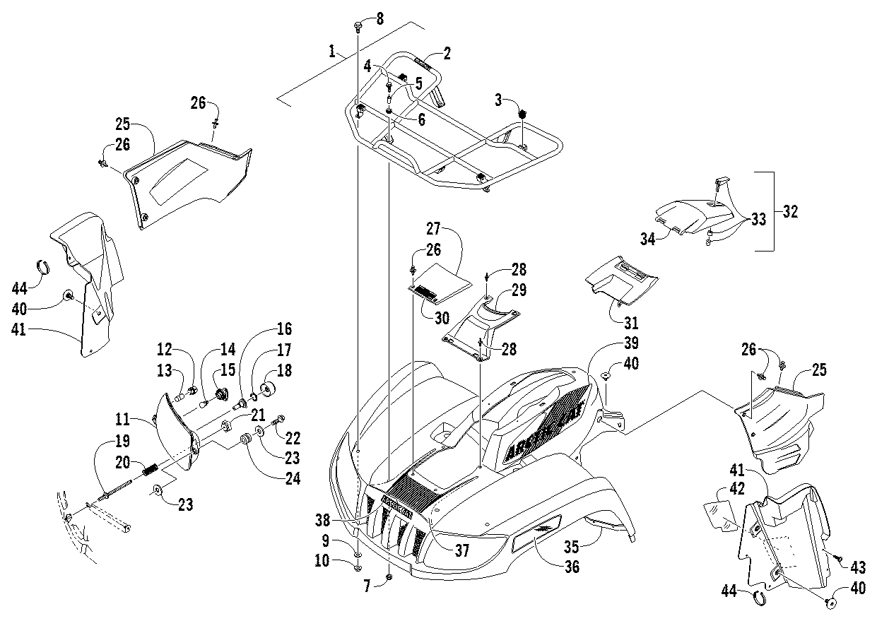 Передняя часть RACK, BODY PANEL, AND HEADLIGHT ASSEMBLIES [96173]