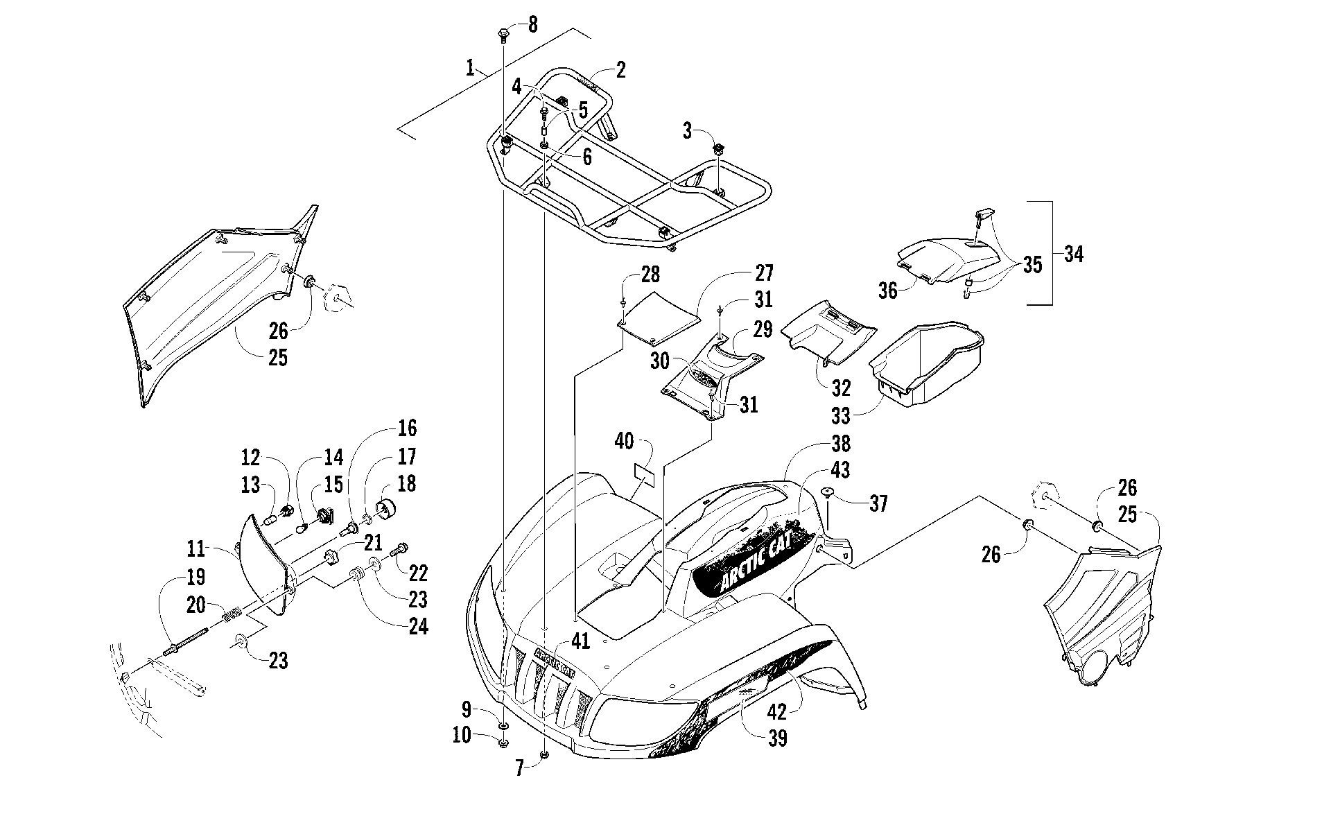Передняя часть RACK, BODY PANEL, AND HEADLIGHT ASSEMBLIES [96149]