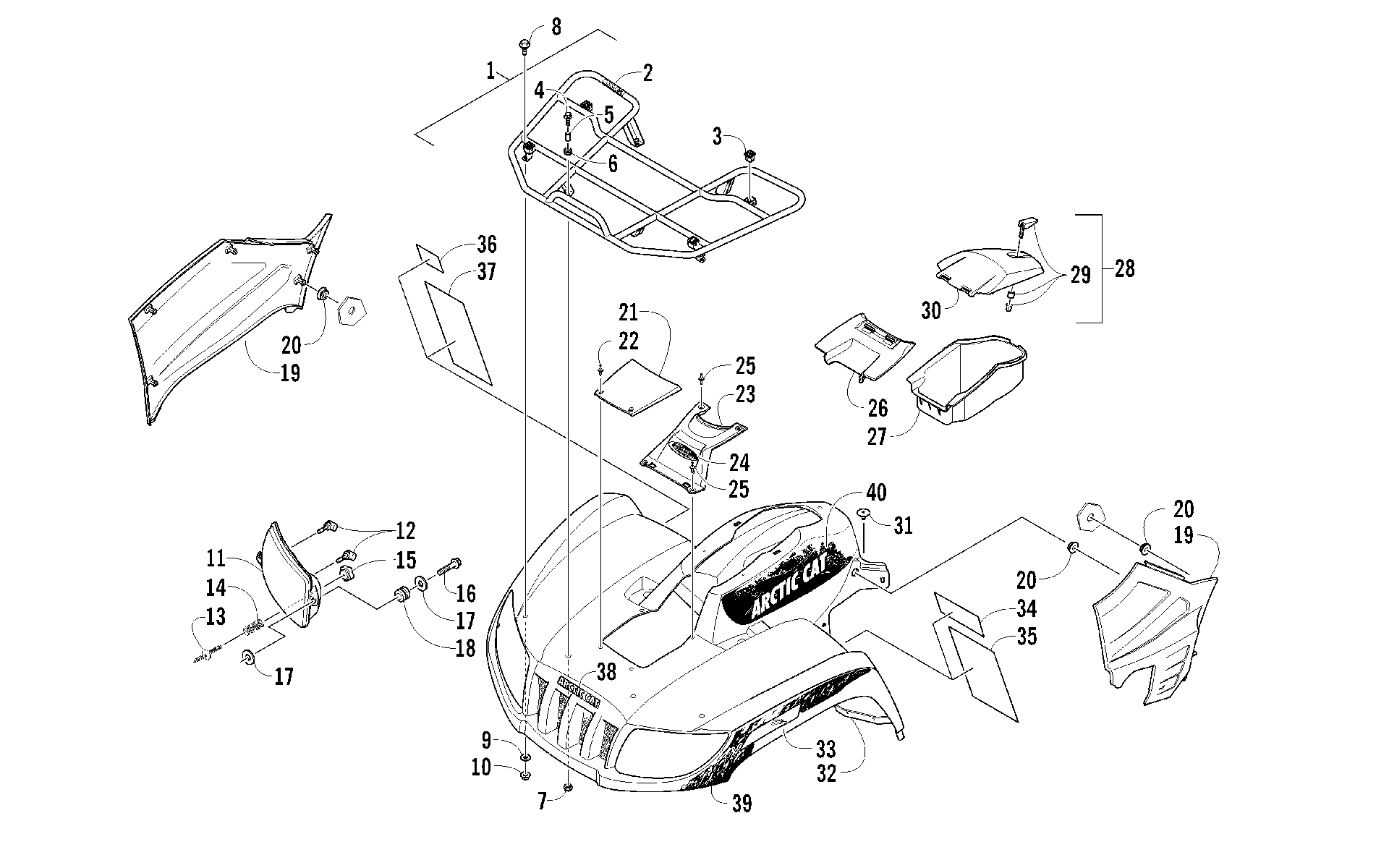 Передняя часть RACK, BODY PANEL, AND HEADLIGHT ASSEMBLIES [93187]
