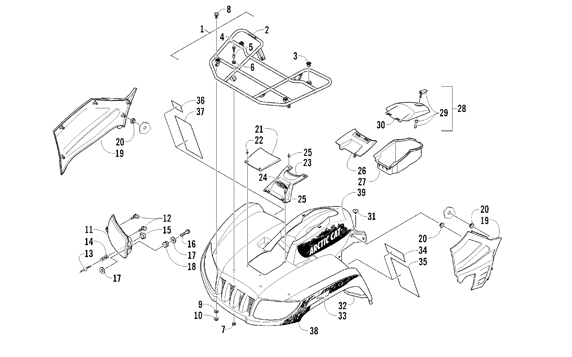 Передняя часть RACK, BODY PANEL, AND HEADLIGHT ASSEMBLIES [93214]