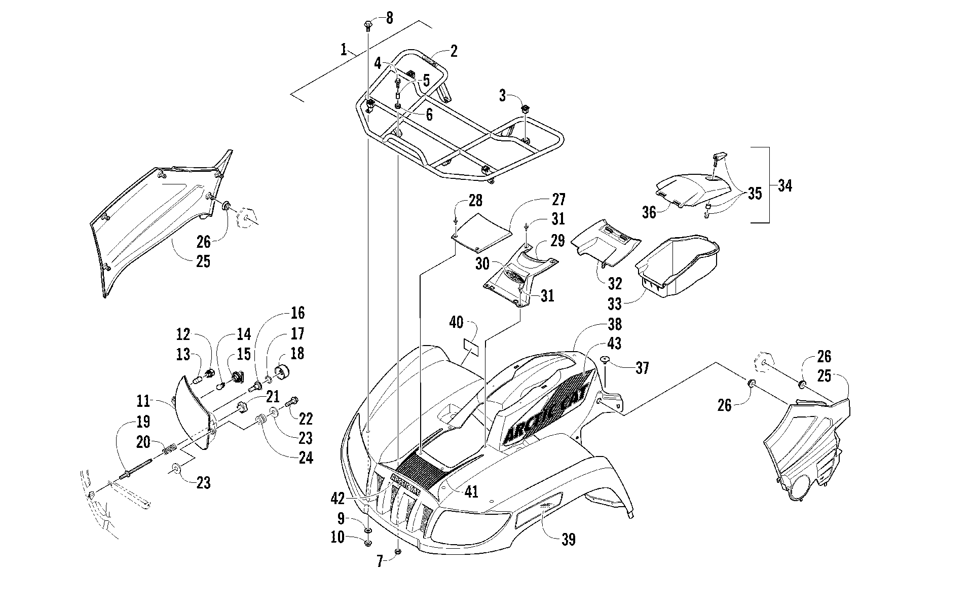 Передняя часть RACK, BODY PANEL, AND HEADLIGHT ASSEMBLIES [96165]