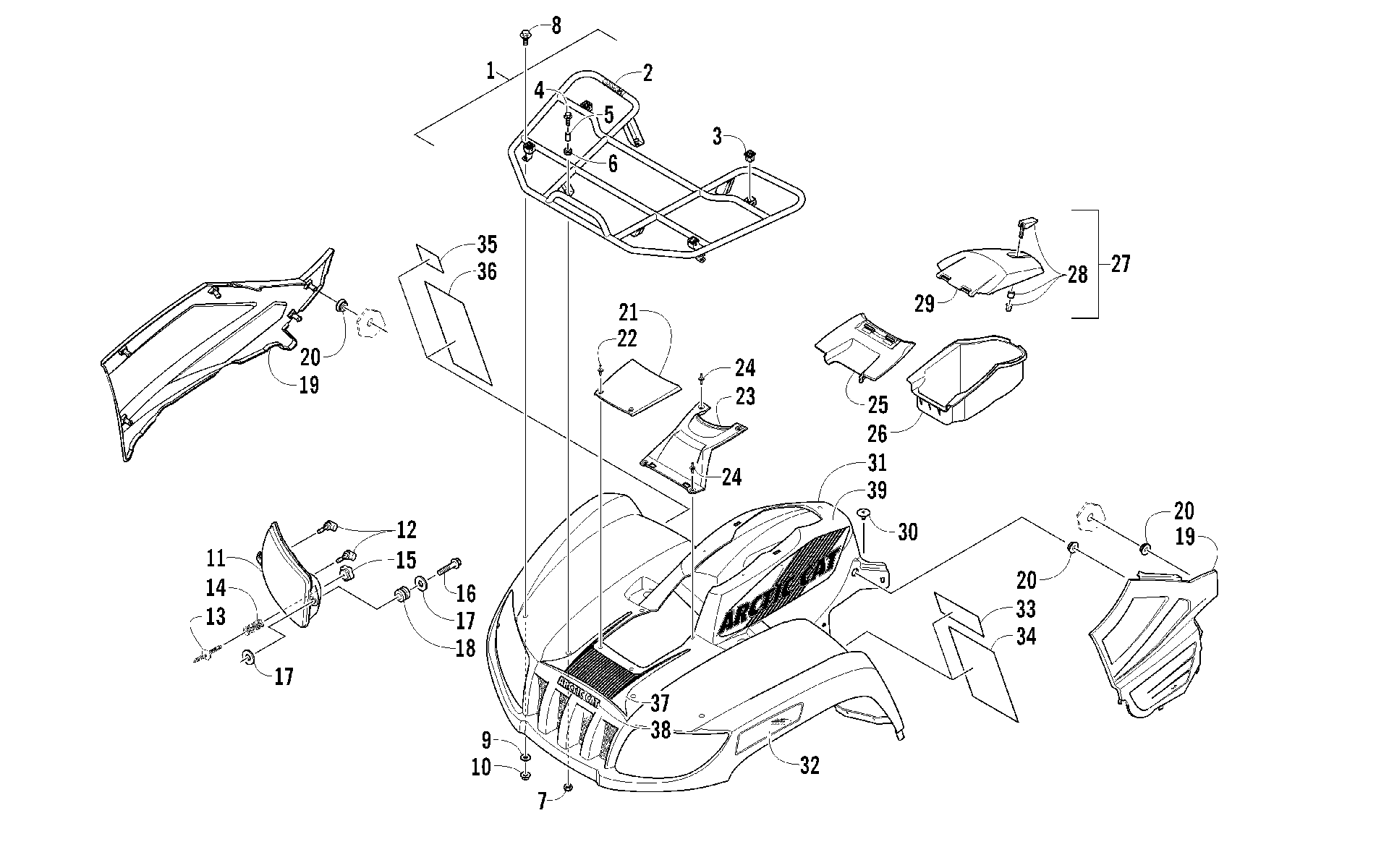 Передняя часть RACK, BODY PANEL, AND HEADLIGHT ASSEMBLIES [94082]