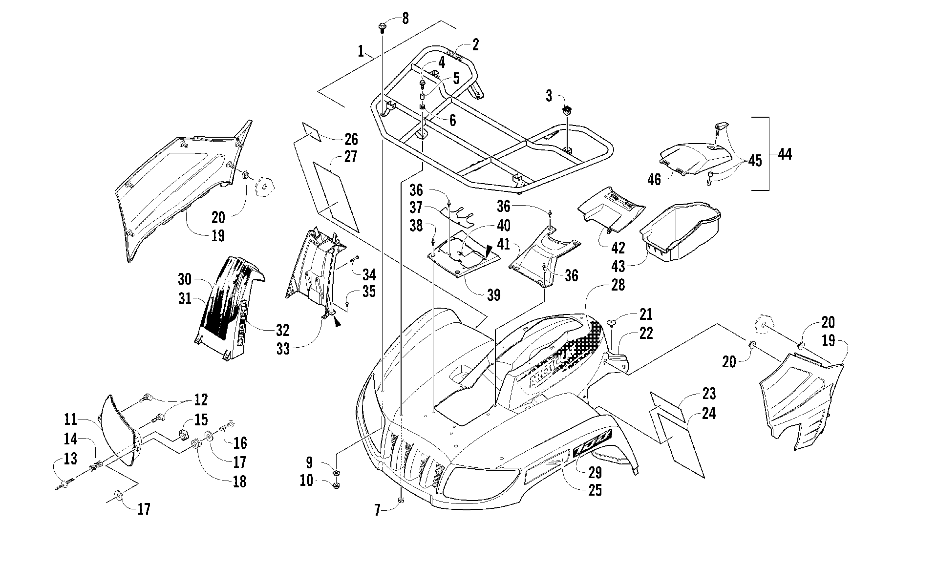 Передняя часть RACK, BODY PANEL, AND HEADLIGHT ASSEMBLIES [93894]