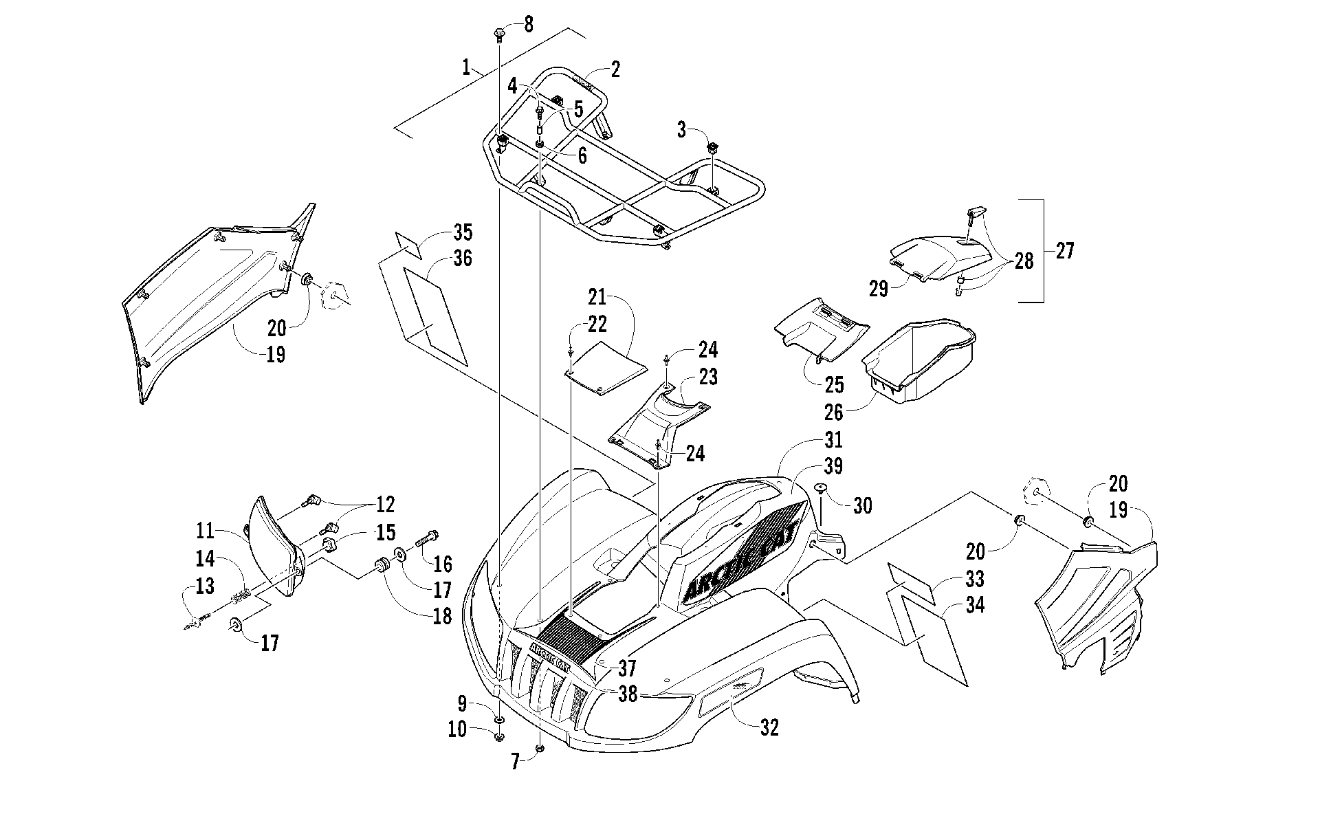 Передняя часть RACK, BODY PANEL, AND HEADLIGHT ASSEMBLIES [93439]