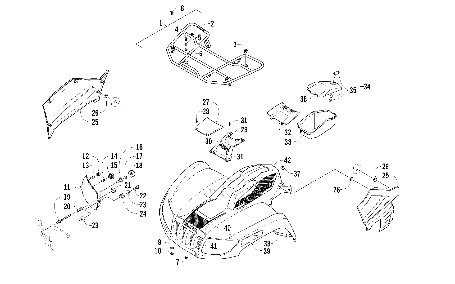 Передняя часть RACK, BODY PANEL, AND HEADLIGHT ASSEMBLIES [96134]