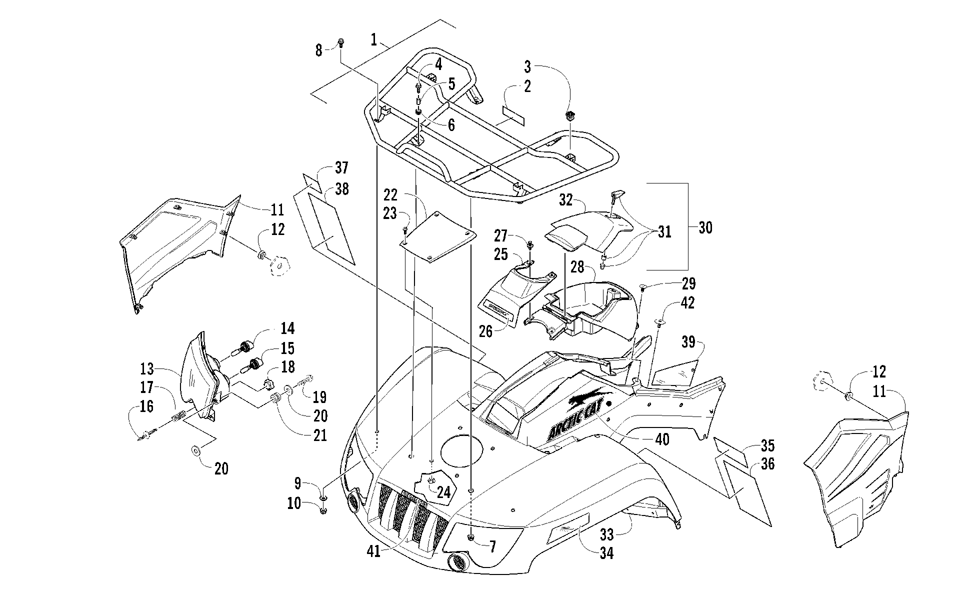 Передняя часть RACK, BODY PANEL, AND HEADLIGHT ASSEMBLIES [92749]