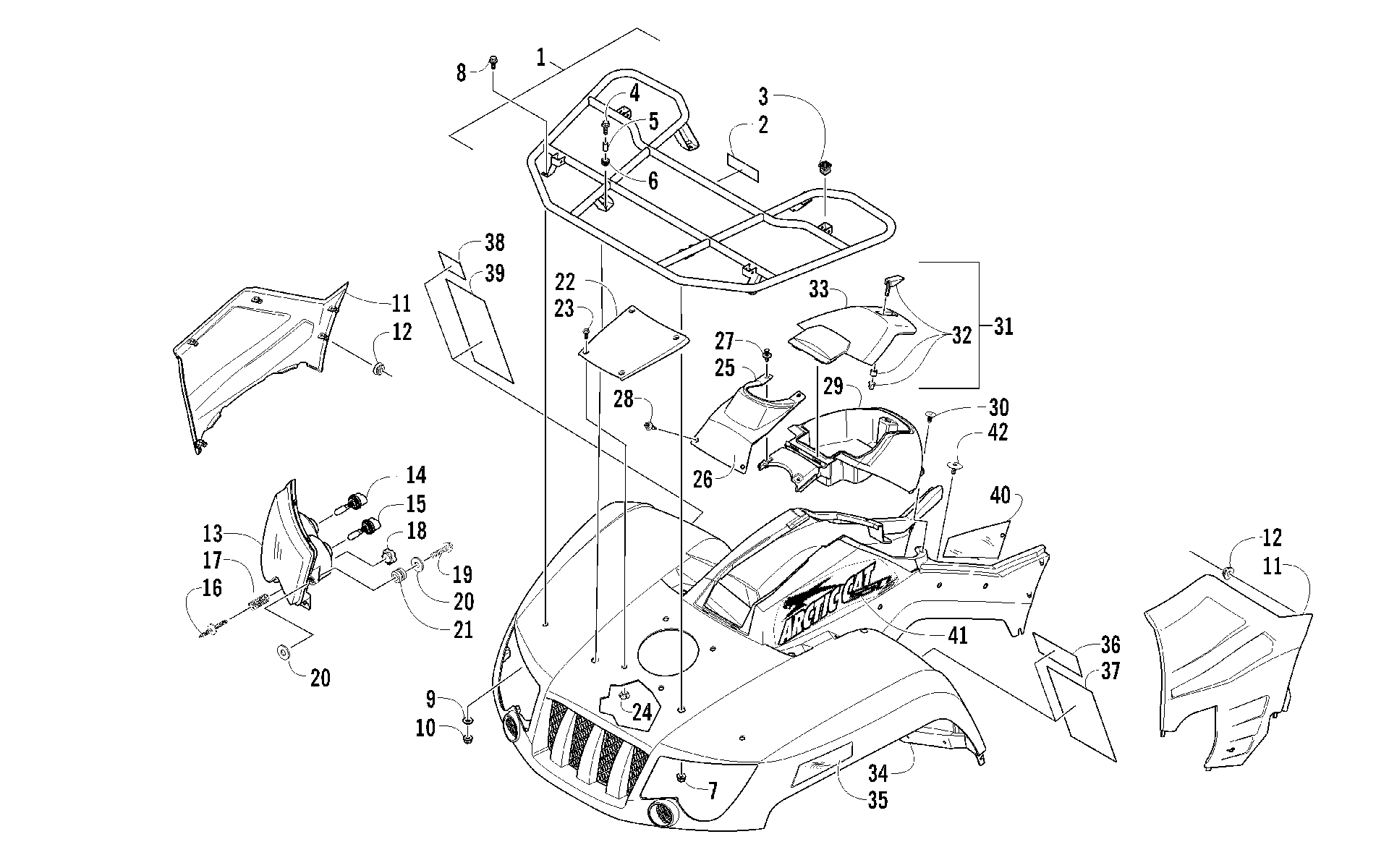 Передняя часть RACK, BODY PANEL, AND HEADLIGHT ASSEMBLIES [92647]