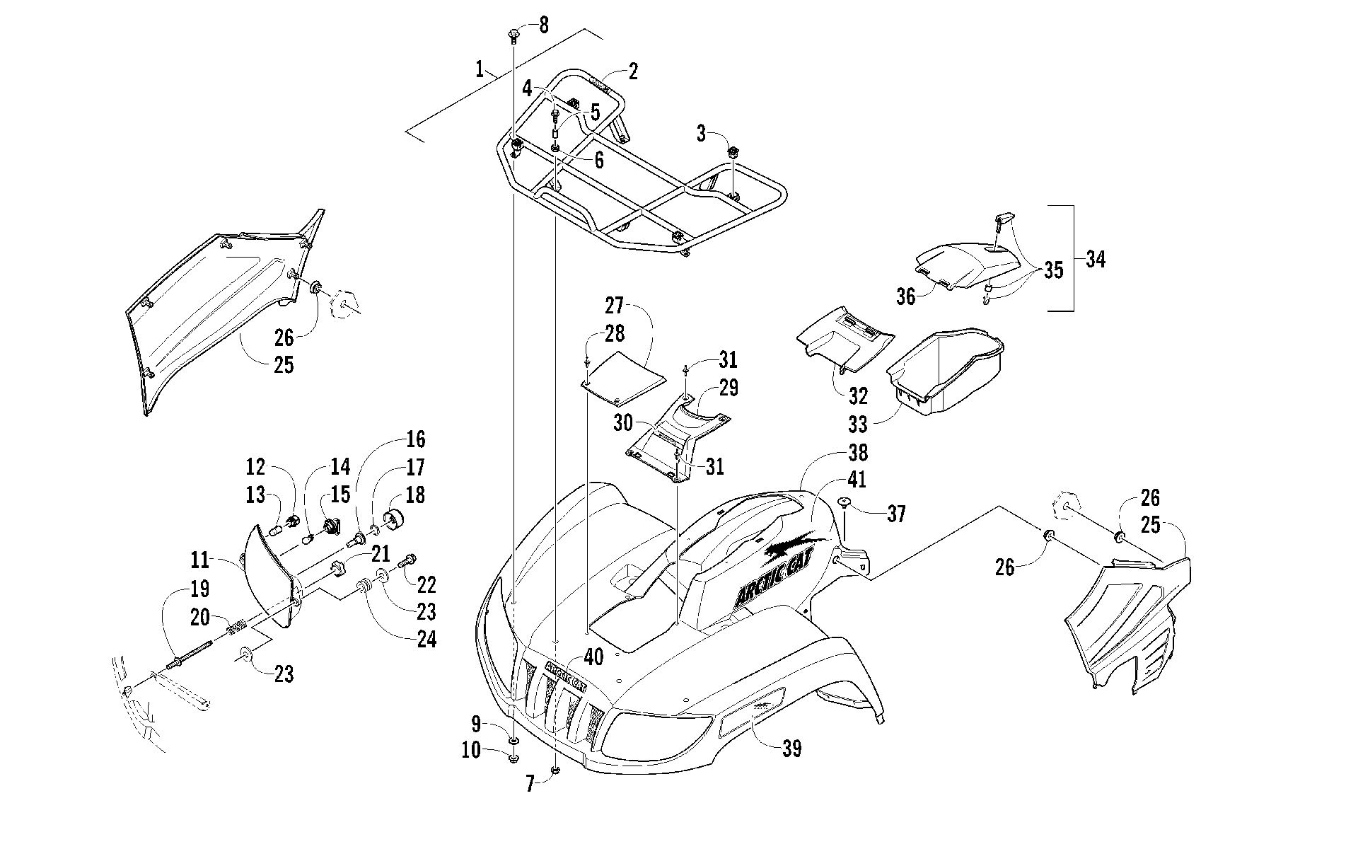 Передняя часть RACK, BODY PANEL, AND HEADLIGHT ASSEMBLIES [96234]