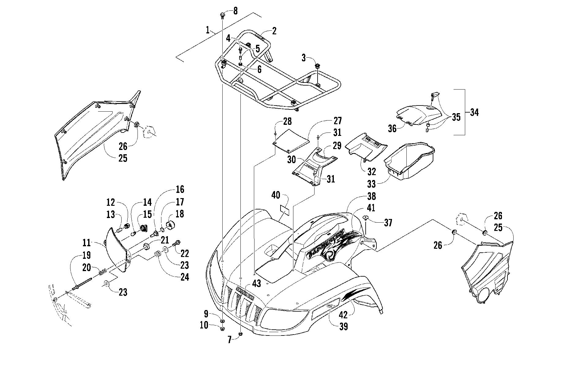 Передняя часть RACK, BODY PANEL, AND HEADLIGHT ASSEMBLIES [96271]