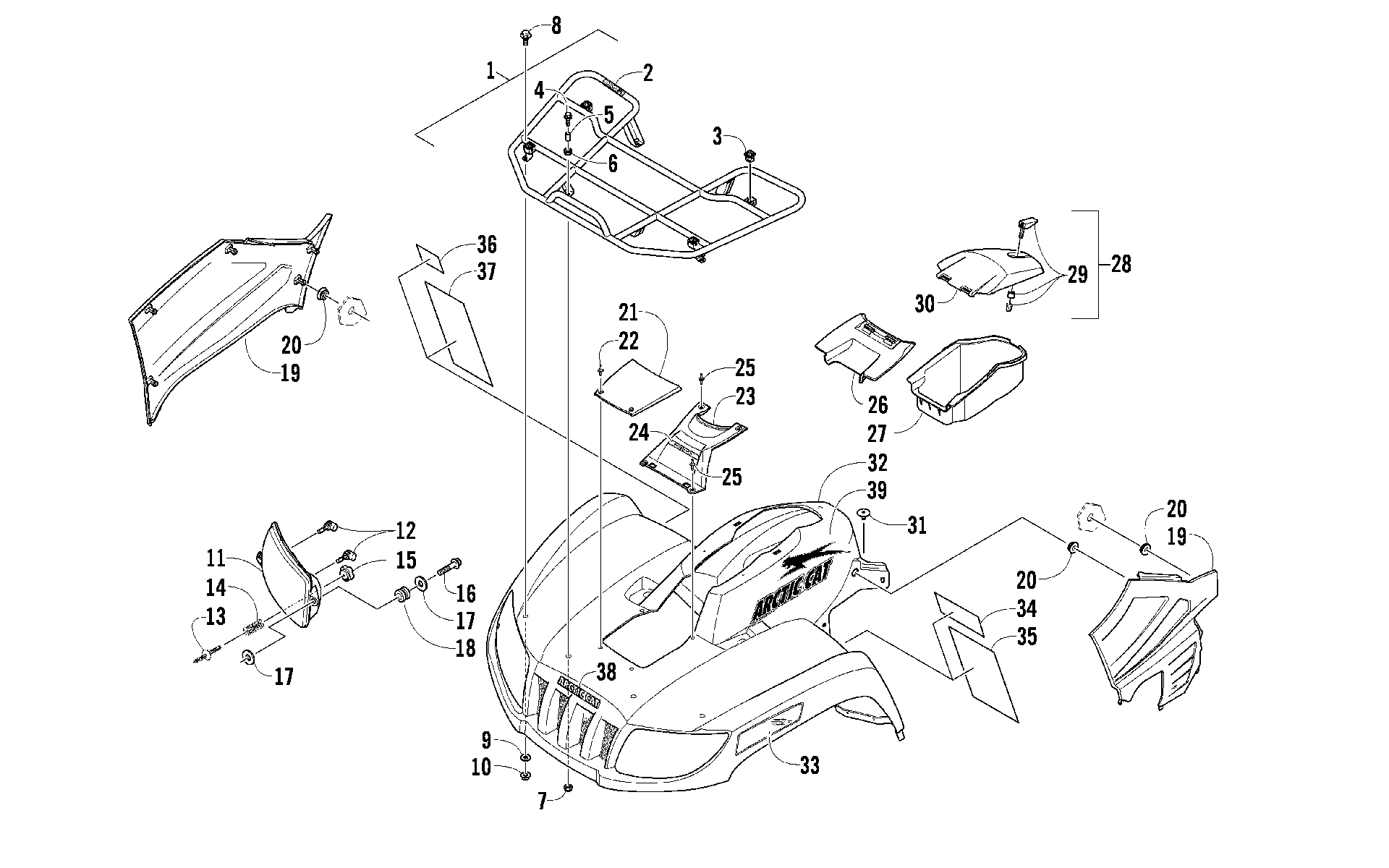 Передняя часть RACK, BODY PANEL, AND HEADLIGHT ASSEMBLIES [92030]