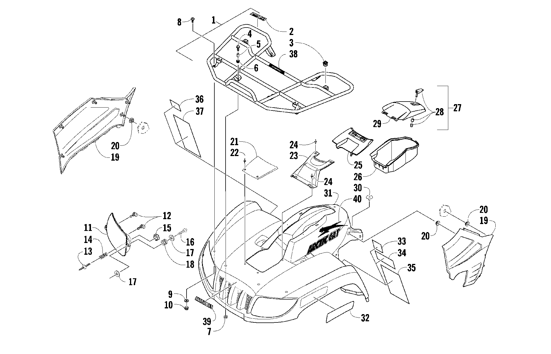 Передняя часть RACK, BODY PANEL, AND HEADLIGHT ASSEMBLIES [89398]