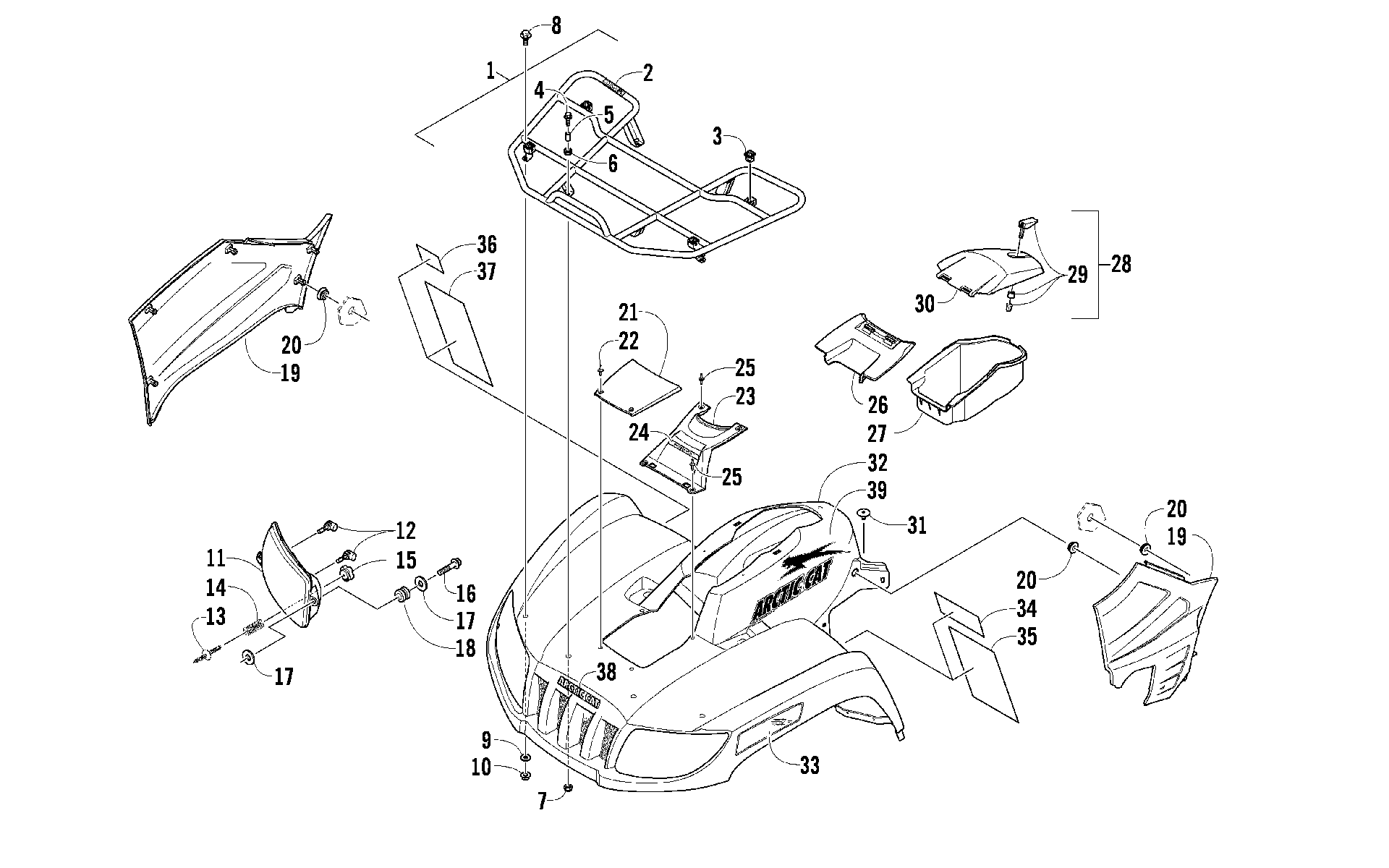 Передняя часть RACK, BODY PANEL, AND HEADLIGHT ASSEMBLIES [92256]