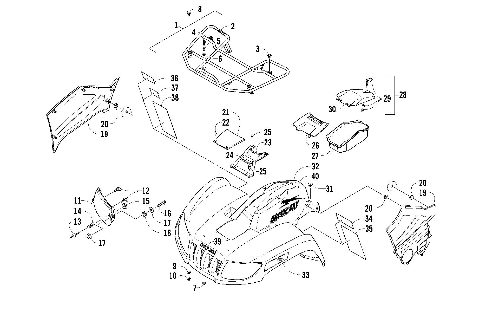 Передняя часть RACK, BODY PANEL, AND HEADLIGHT ASSEMBLIES [92320]