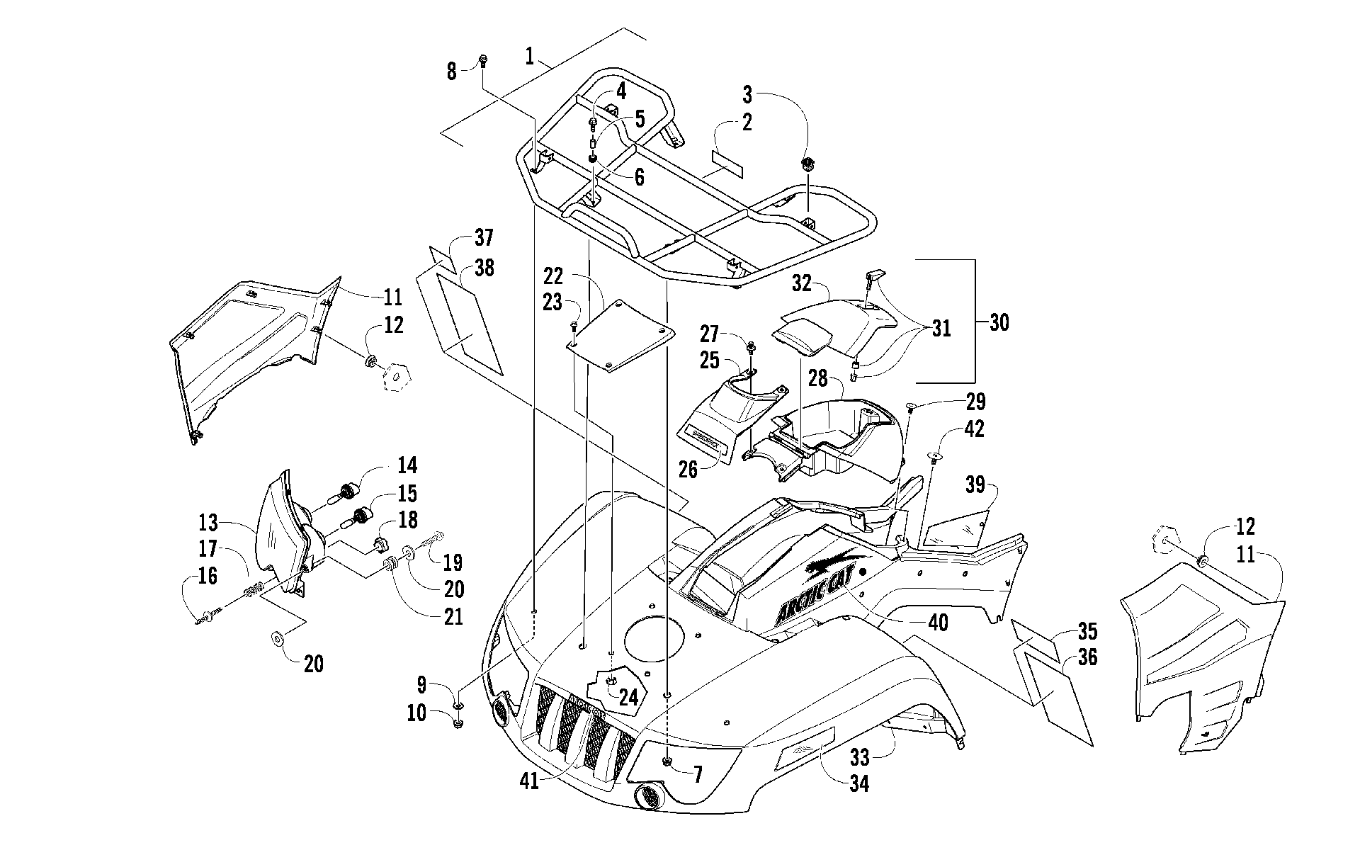 Передняя часть RACK, BODY PANEL, AND HEADLIGHT ASSEMBLIES [92109]