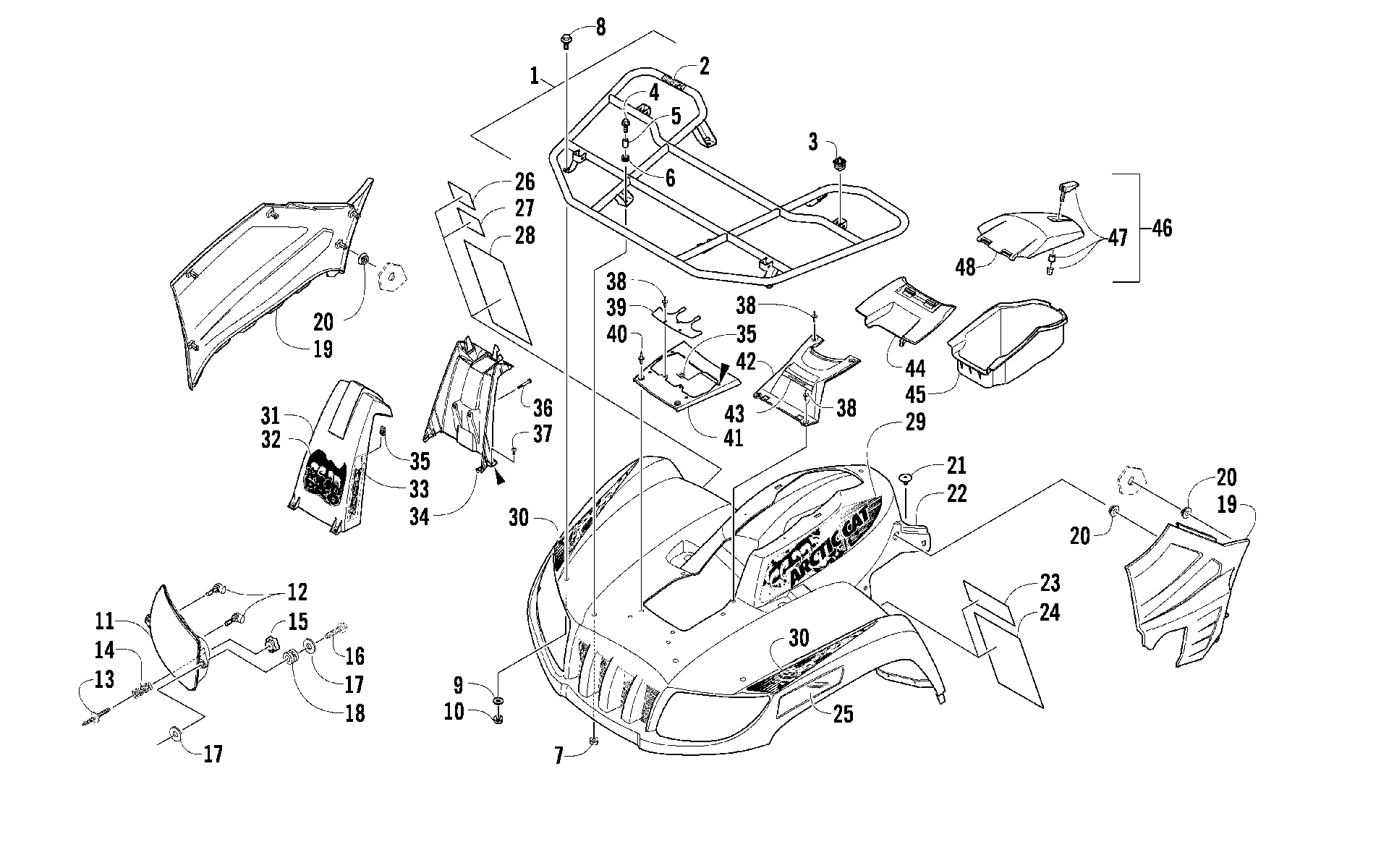 Передняя часть RACK, BODY PANEL, AND HEADLIGHT ASSEMBLIES [92364]
