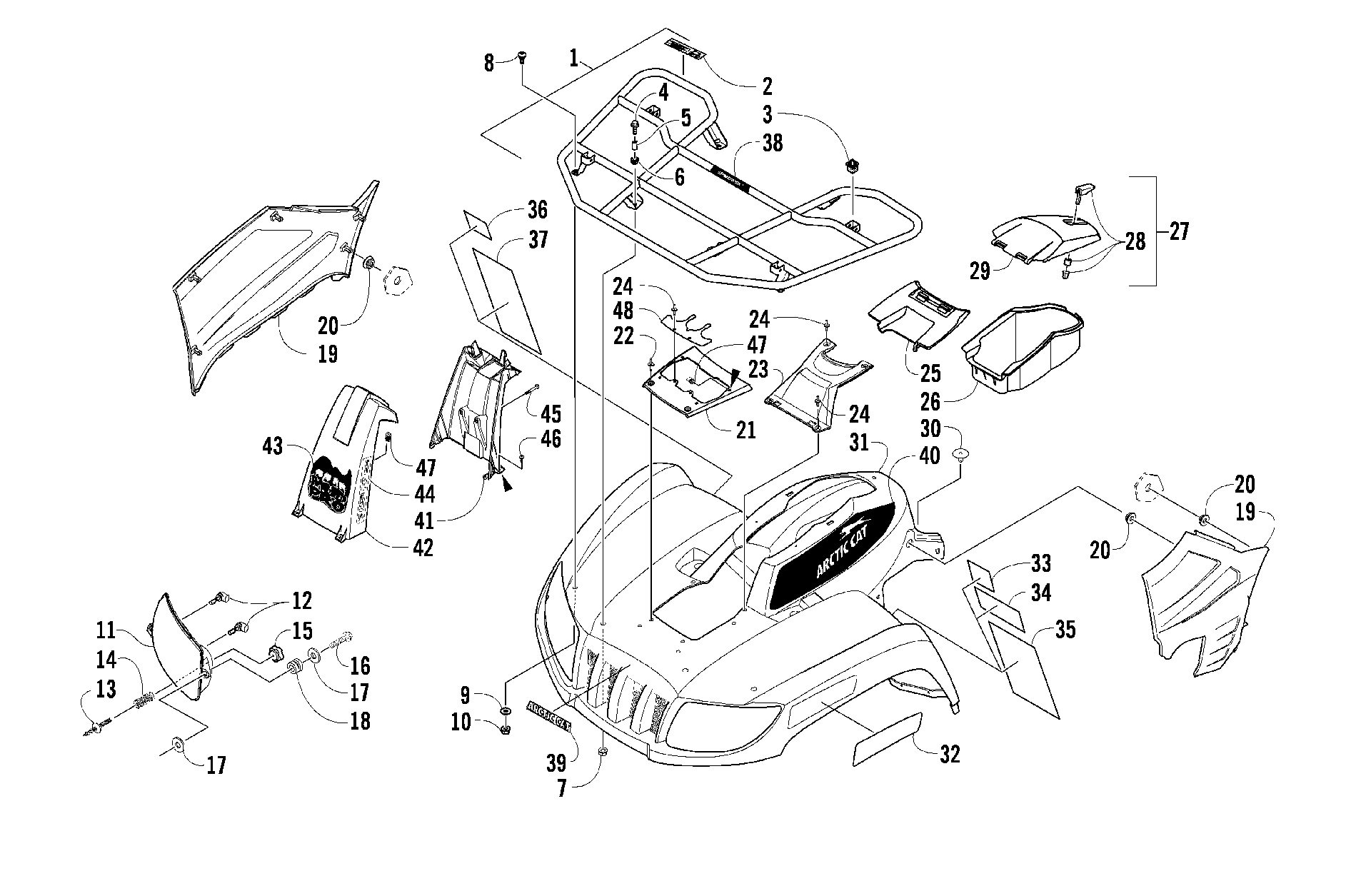 Передняя часть RACK, BODY PANEL, AND HEADLIGHT ASSEMBLIES [90617]